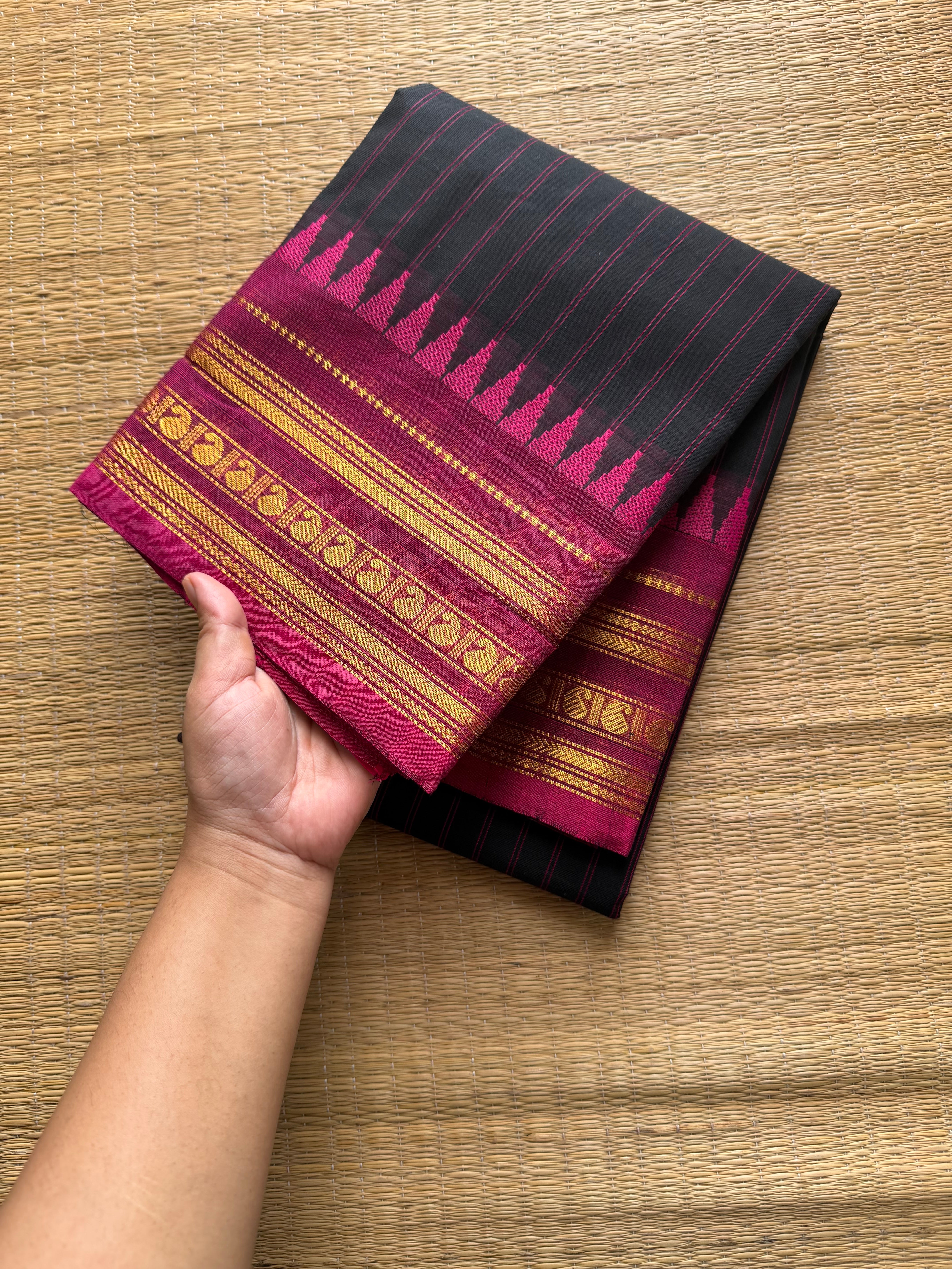 RF467 Black with contrast pink combination Kanchi cotton saree with vertical stripped pattern & mango Zari border