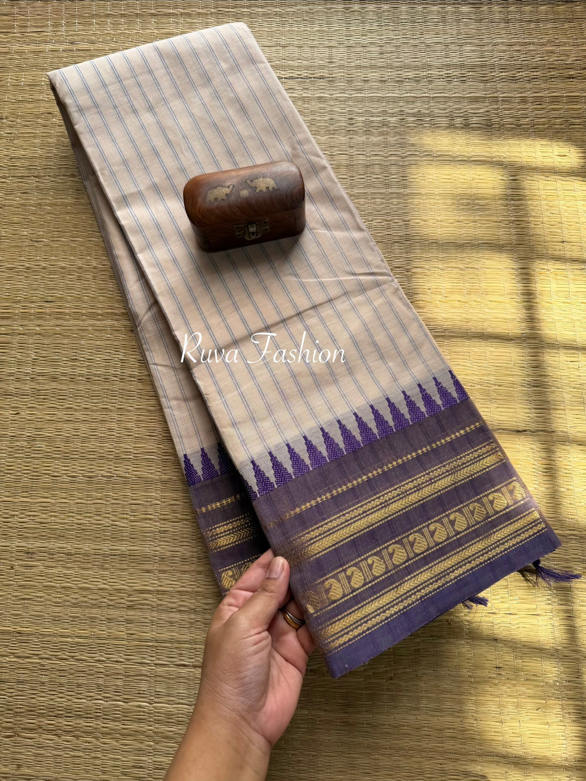 RF21 Half while shade with Lavender Combination Kanchi Cotton Saree With Stripped pattern - RF21