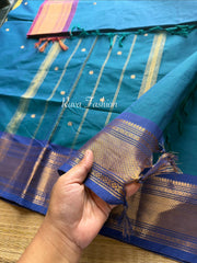 Peacock blue shade Kanchi cotton saree with Ganga Jamuna borders