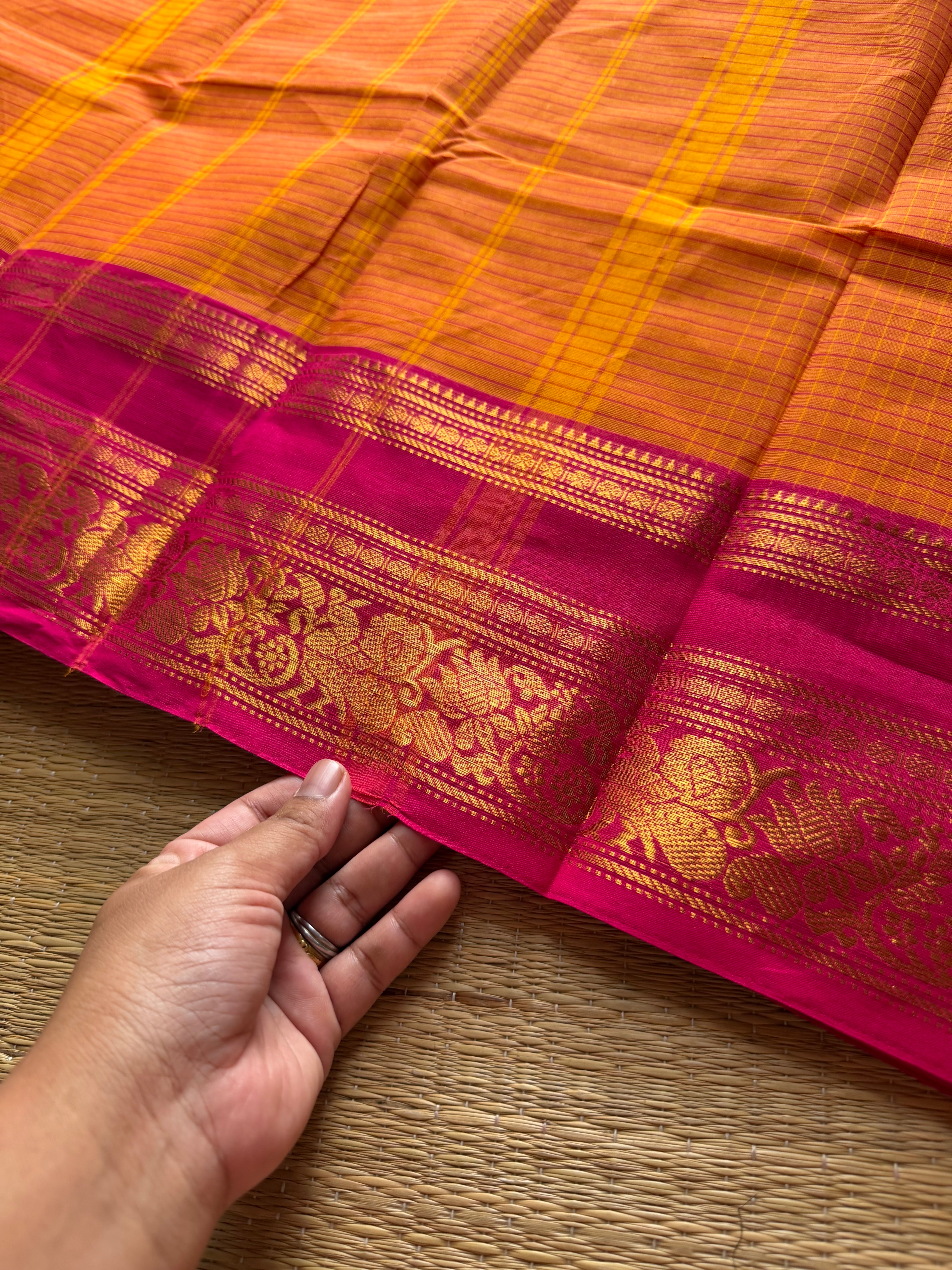 RF587 Orange with pink combination Kattam / checks pattern Kanchi cotton saree with floral pattern contrast border