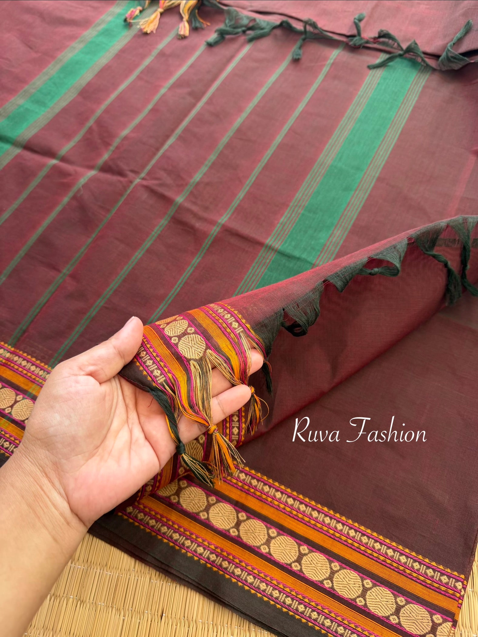 RF166 Chocolate Brown Shade small border Kanchi cotton saree