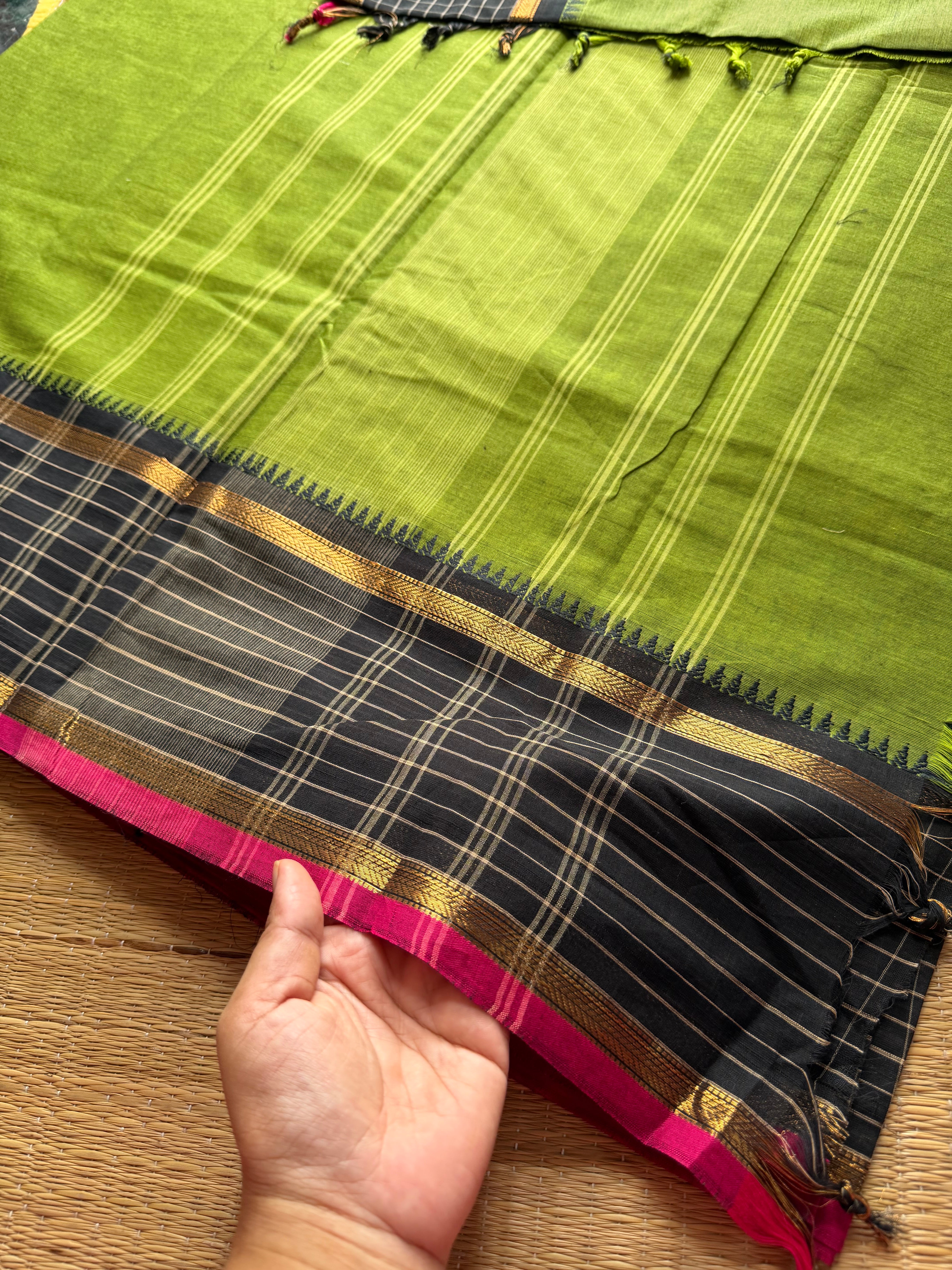 RF375 Green with black combination vintage border Kattam / checks pattern Kanchi cotton saree