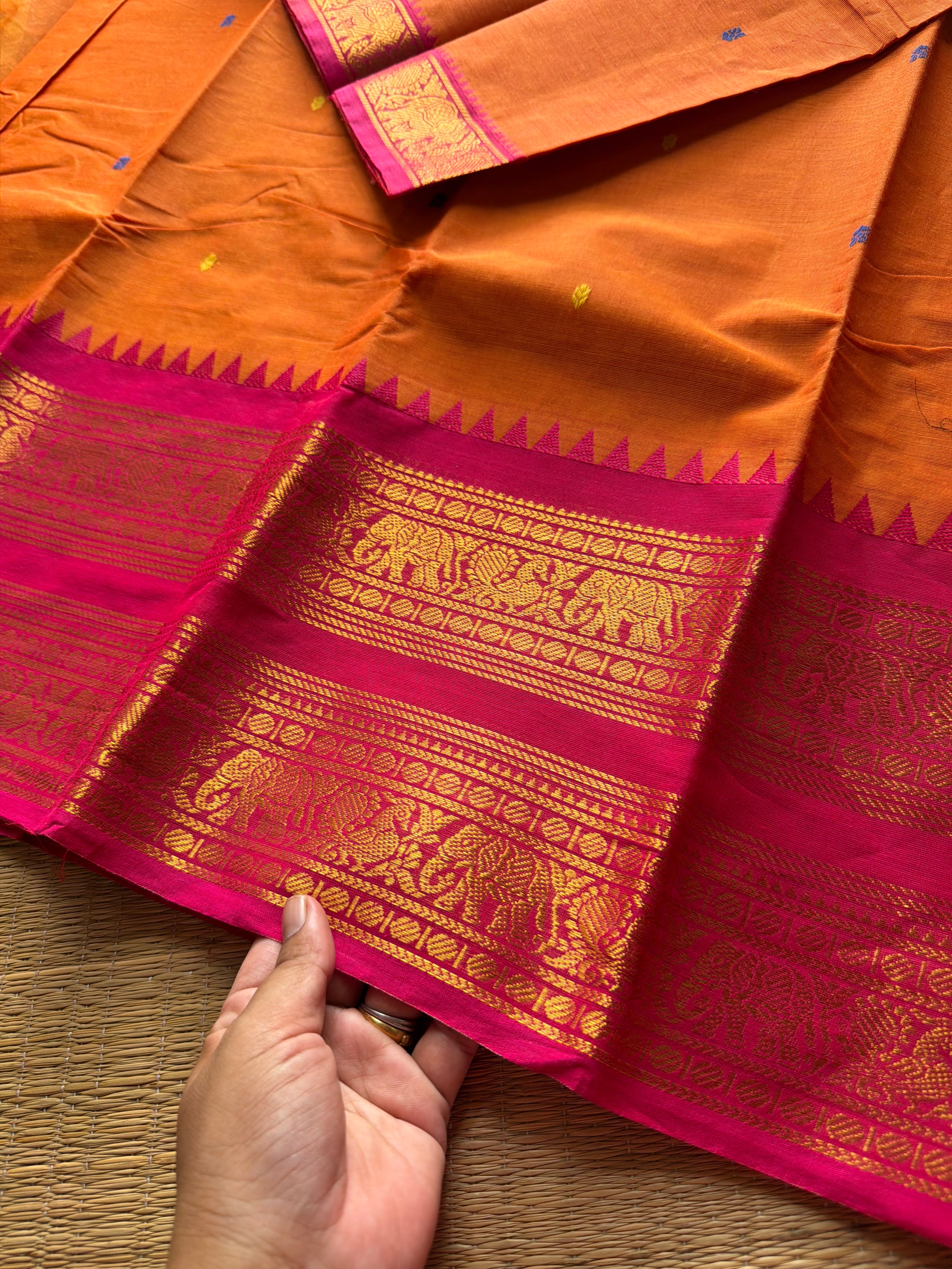 Orange with pink combination Kanchi cotton saree with Retta pet border and handmade thread buttas