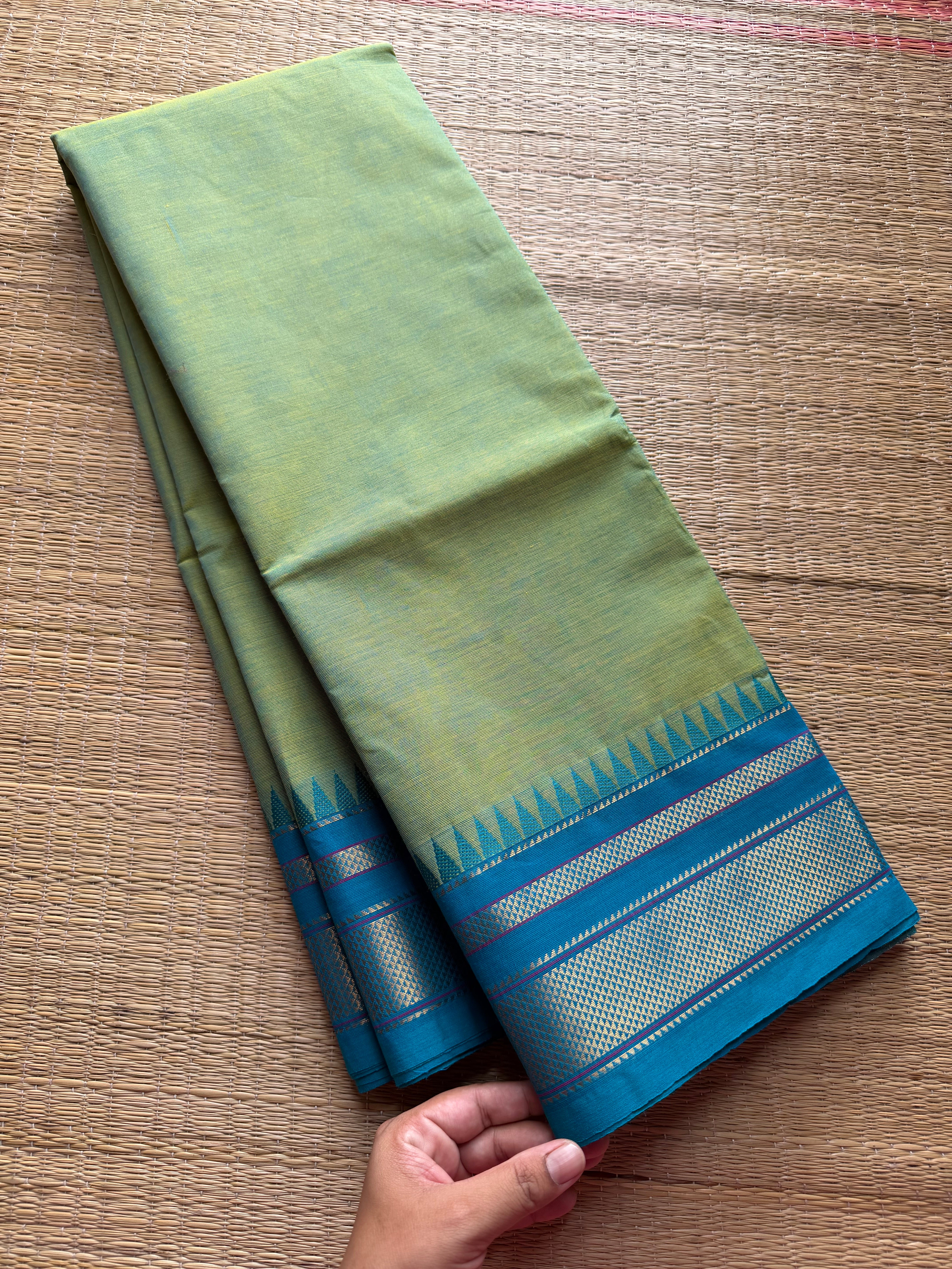 RF188 Apple green shade with contrast sky blue combination medium size Kanchi cotton saree