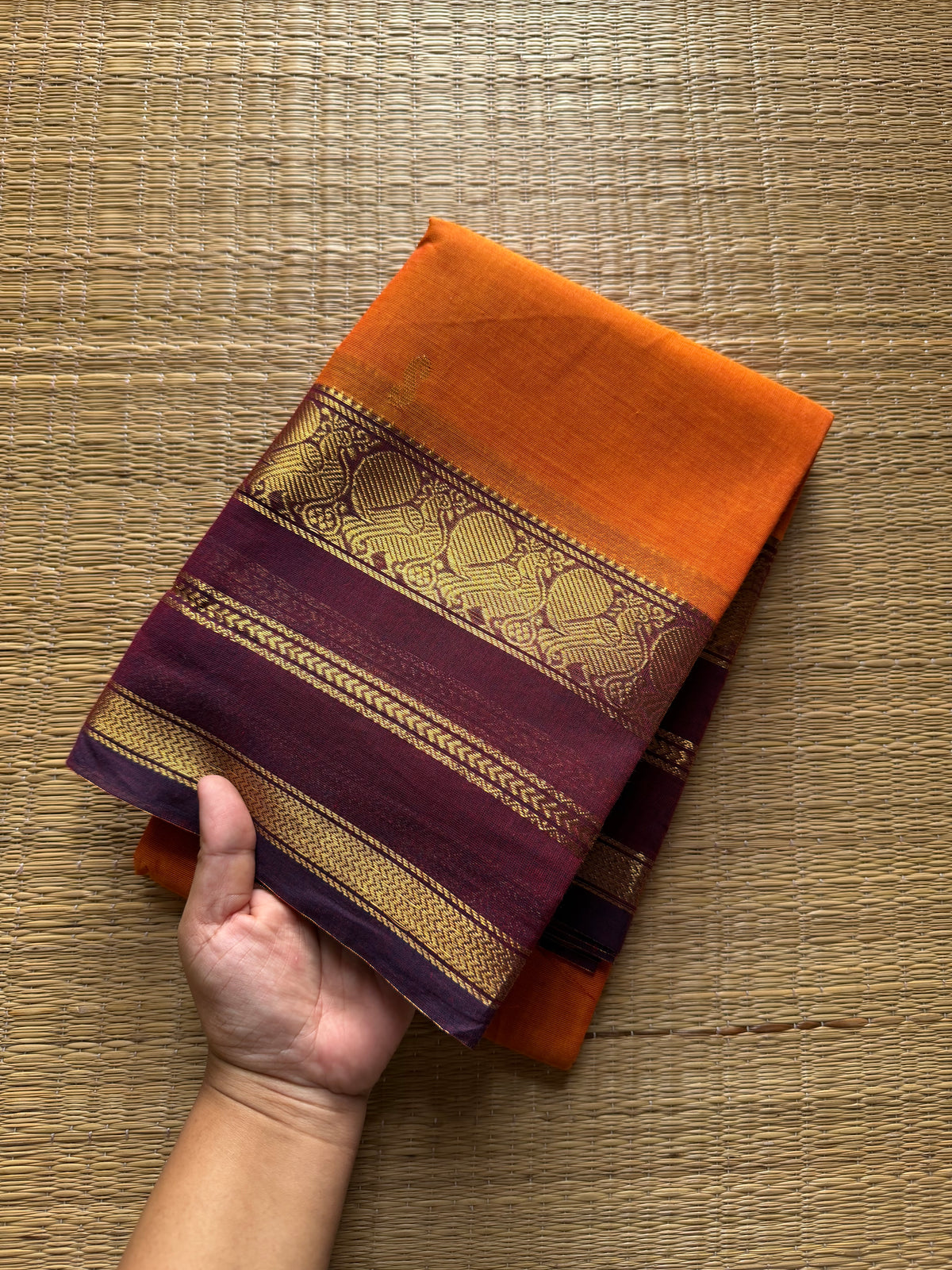 RF418 Orange with maroon combination Kanchi cotton saree with handmade Buttas