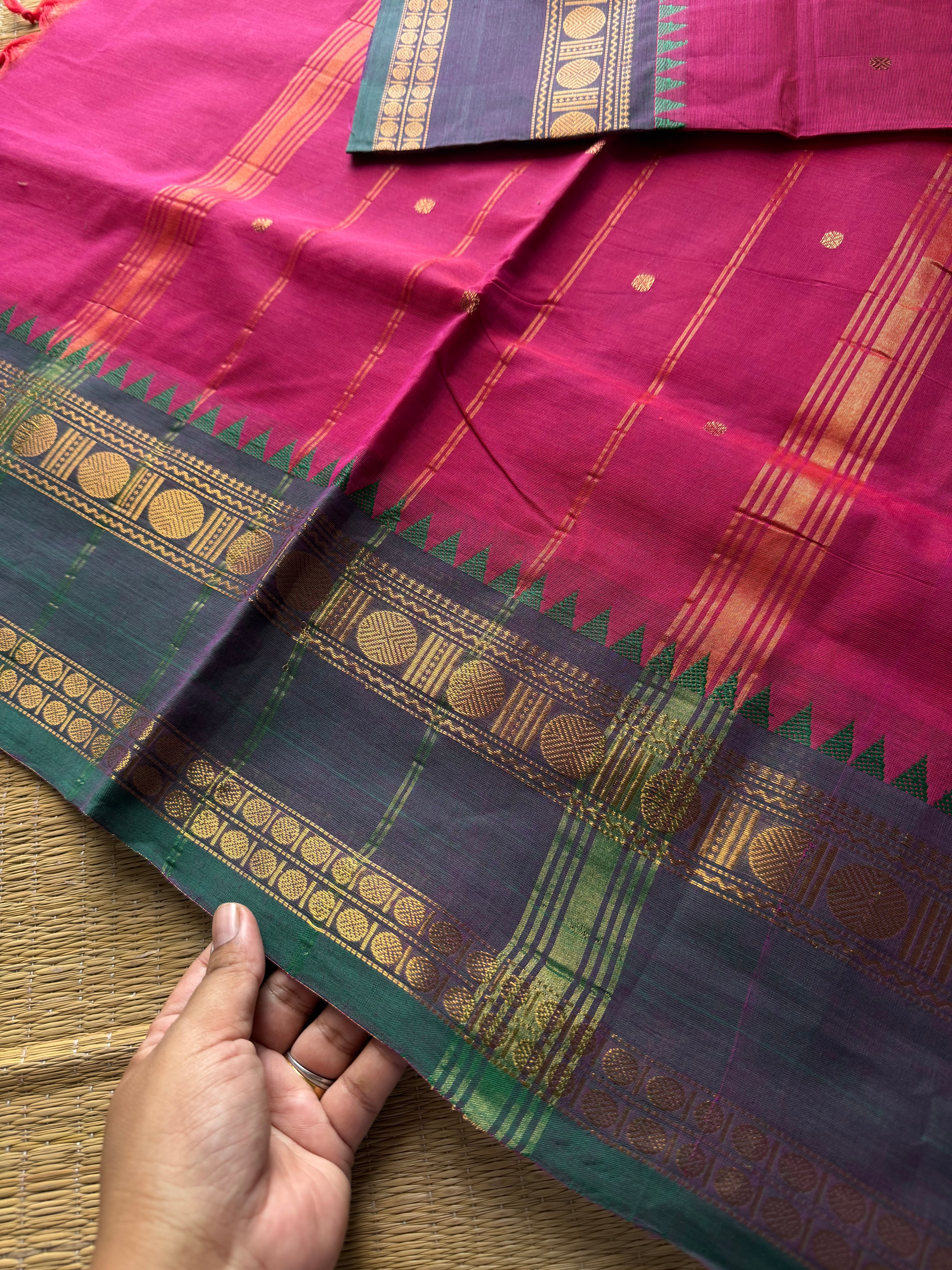 RF811 Magenta pink shade Kanchi cotton saree with handmade golden Zari Buttas