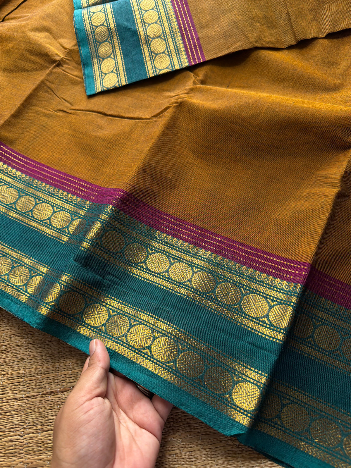 RF772 Warm mustard yellow shade Kanchi cotton saree with multi color contrast border