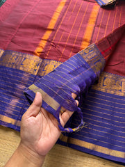RF619 Dark reddish pink shade with blue combination Narayanpet long / big border cotton saree