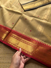 RF906 Beige ~ Kanchi cotton saree with handmade thread buttas & Ganga Jamuna border
