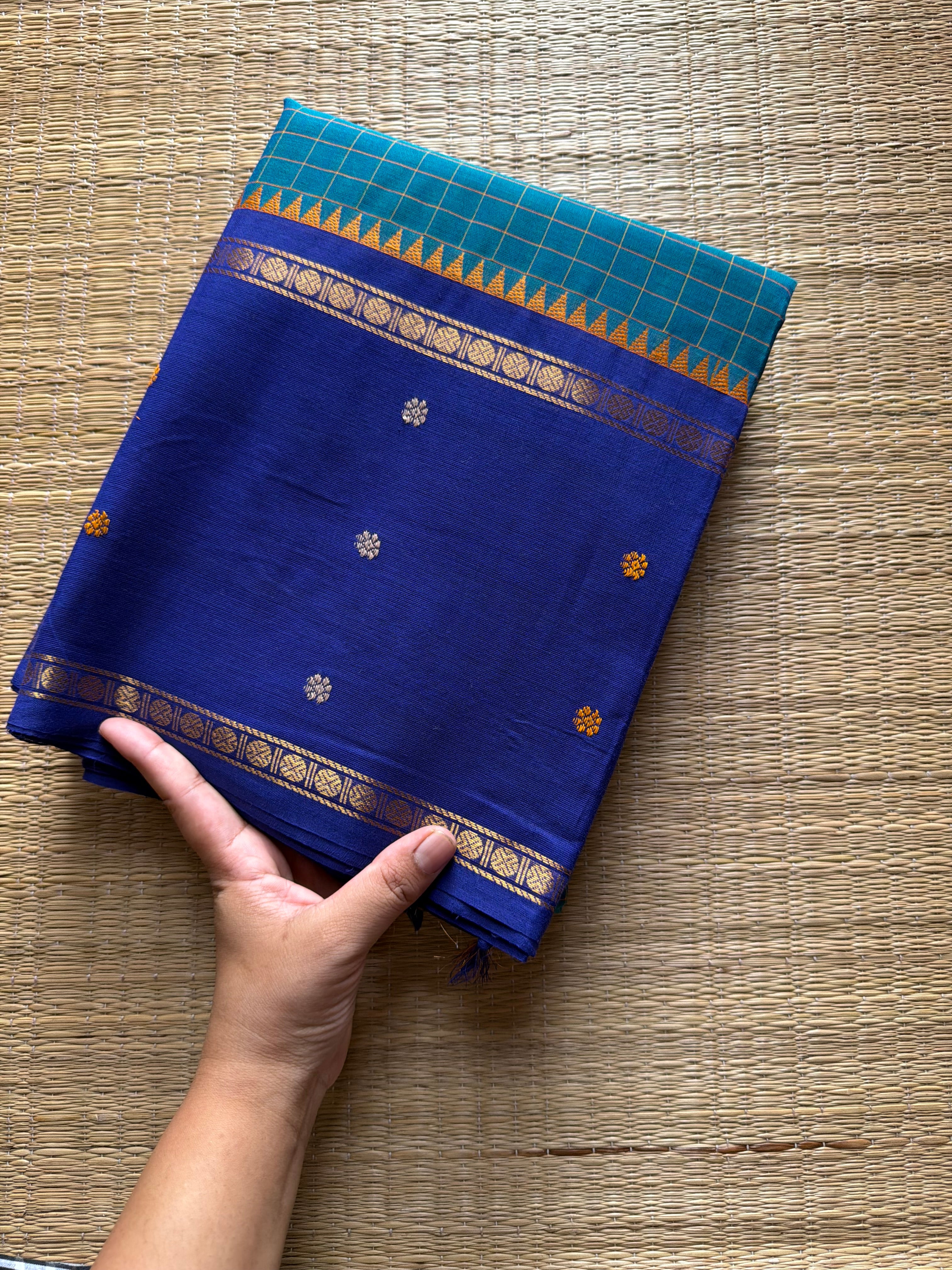 Peacock Blue shade kanchi cotton saree with Vintage Style Border kattam checks pattern & handwoven Buttas on the border