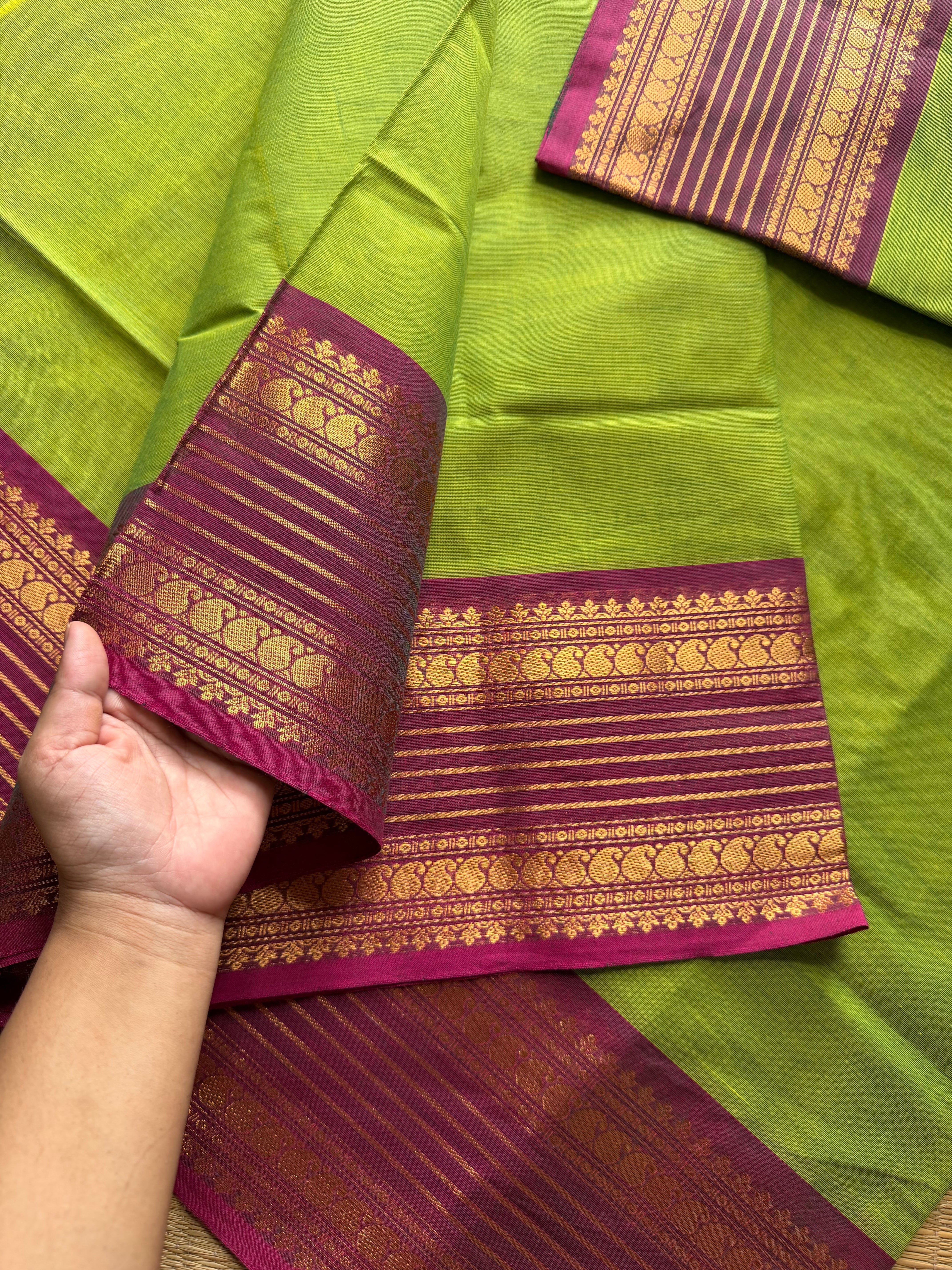 RF535 Dual tone Apple green with pink combination Kanchi cotton saree with unique border