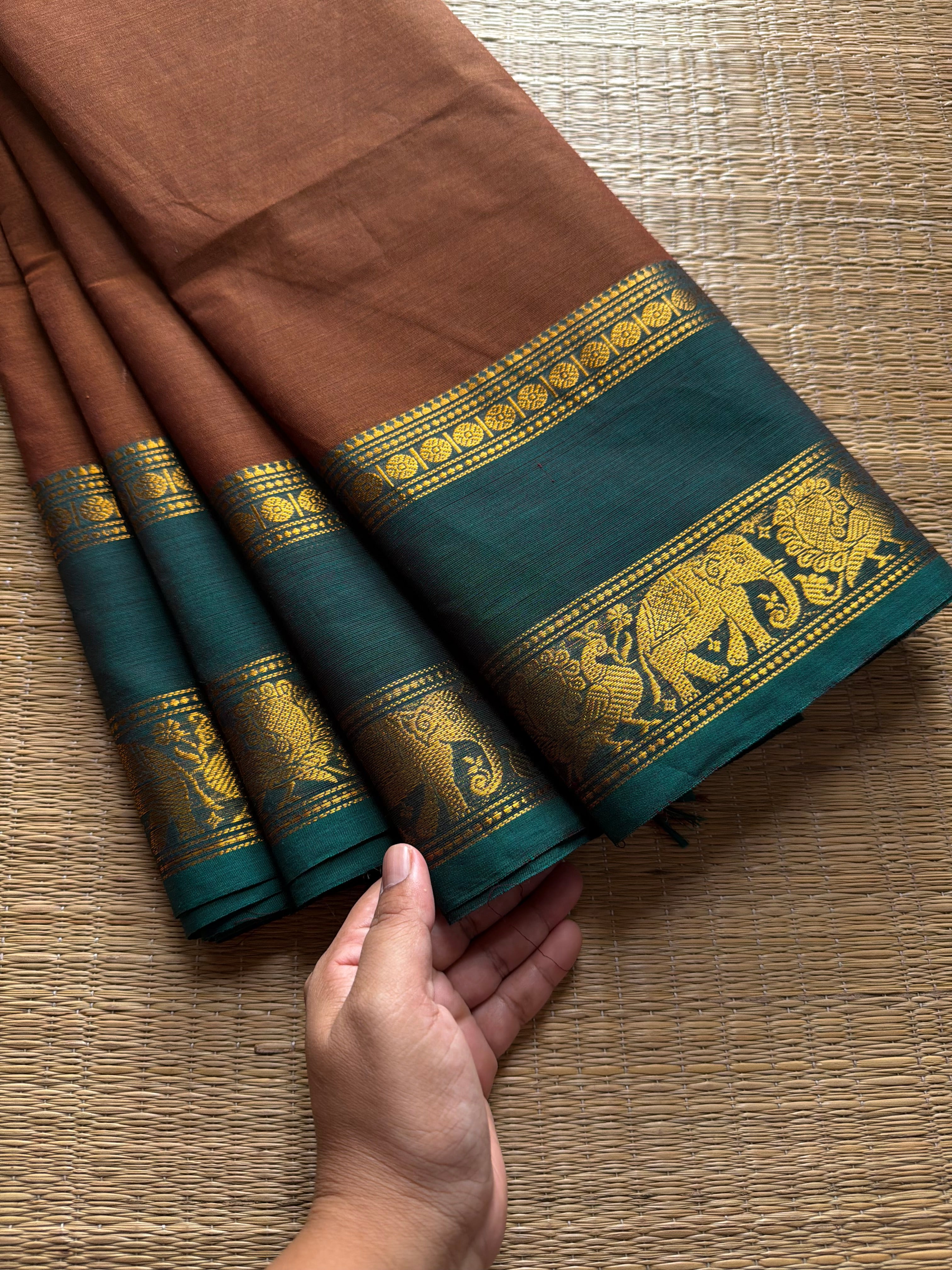 RF414 Rustic Honey Shade With Contrast Teal Green Shade Kanchi Cotton Saree with silk saree inspired Annam and elephant pattern Gap Border