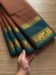 RF414 Rustic Honey Shade With Contrast Teal Green Shade Kanchi Cotton Saree with silk saree inspired Annam and elephant pattern Gap Border