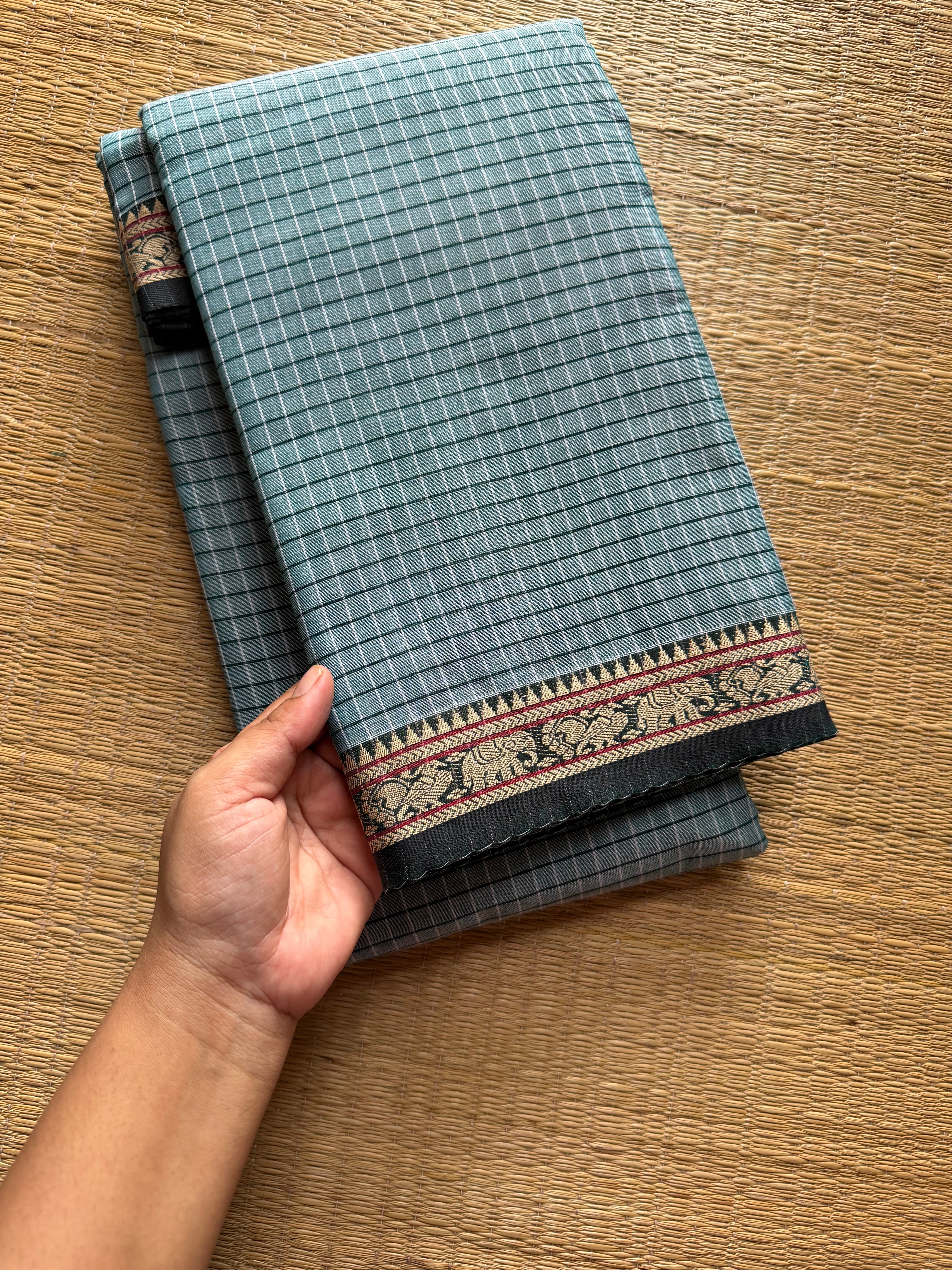 Dual tone pista green shade Mercerised Narayanpet cotton saree with small border & Kattam / Checks pattern saree