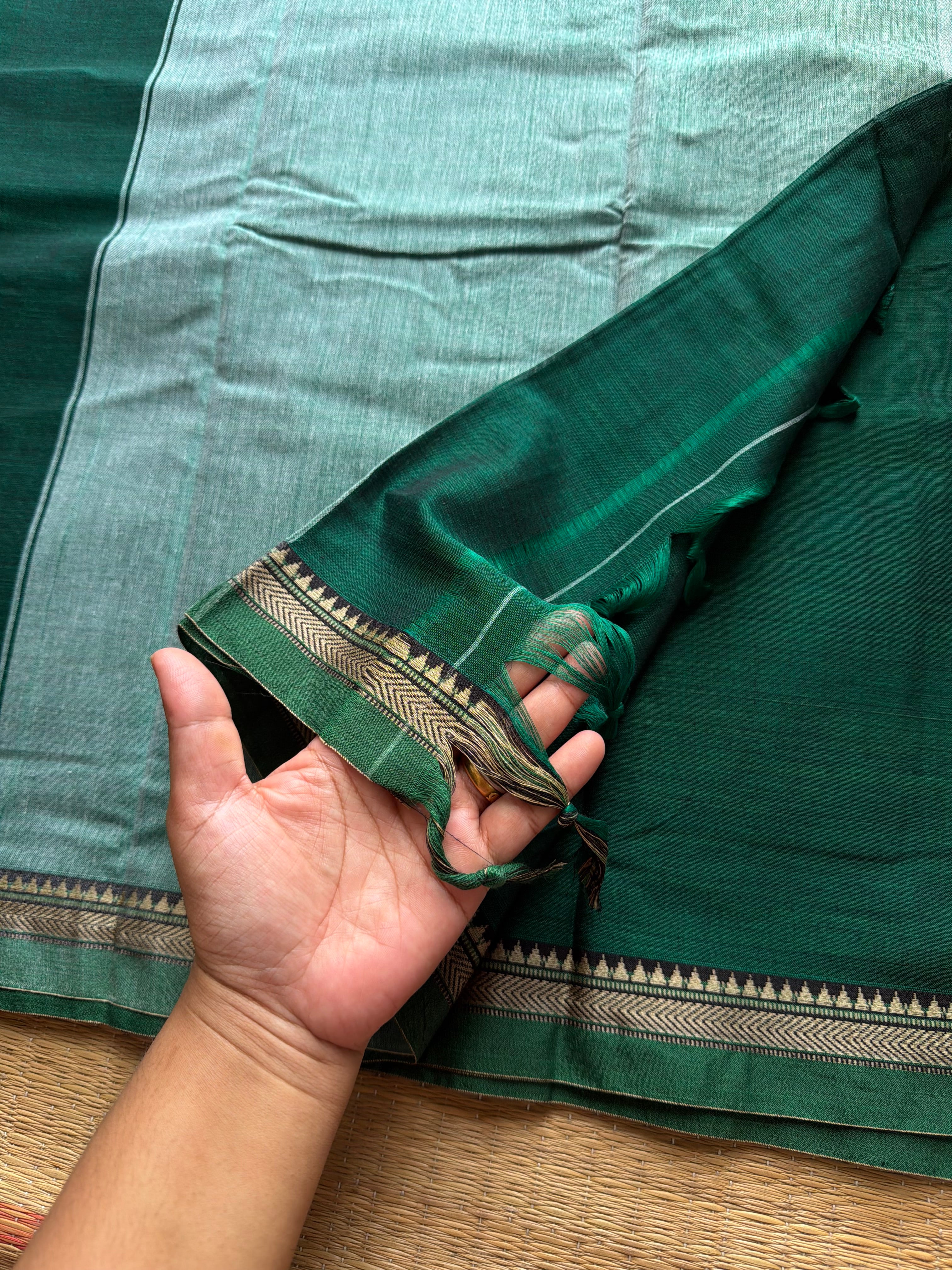 RF673 Peacock green shade Mercerised Narayanpet cotton saree with small thread border