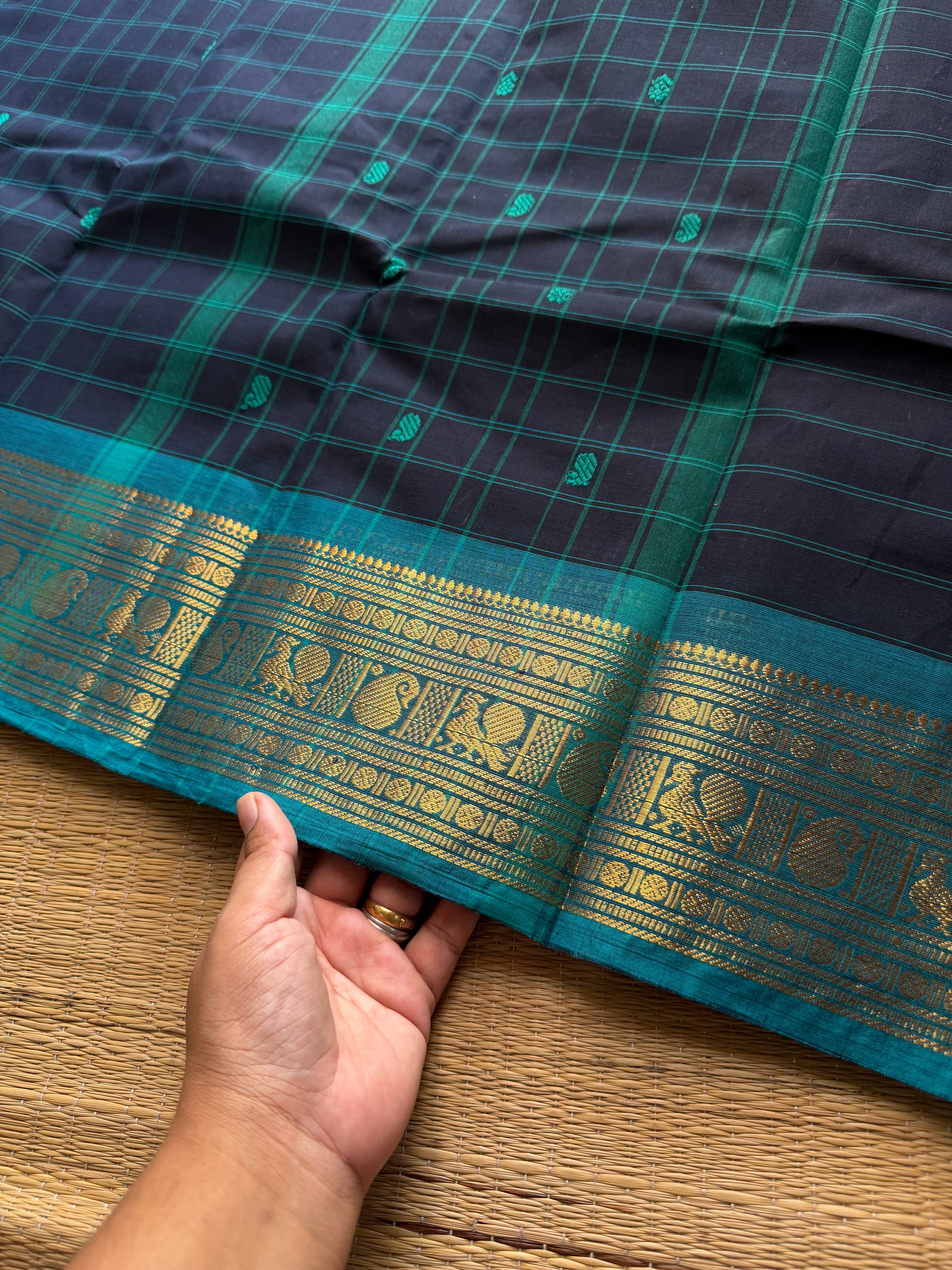RF718 Kattam Edition ~ Navy blue with sky blue combination checks pattern Kanchi cotton saree with handmade thread buttas
