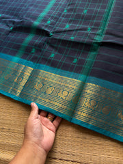 RF718 Kattam Edition ~ Navy blue with sky blue combination checks pattern Kanchi cotton saree with handmade thread buttas