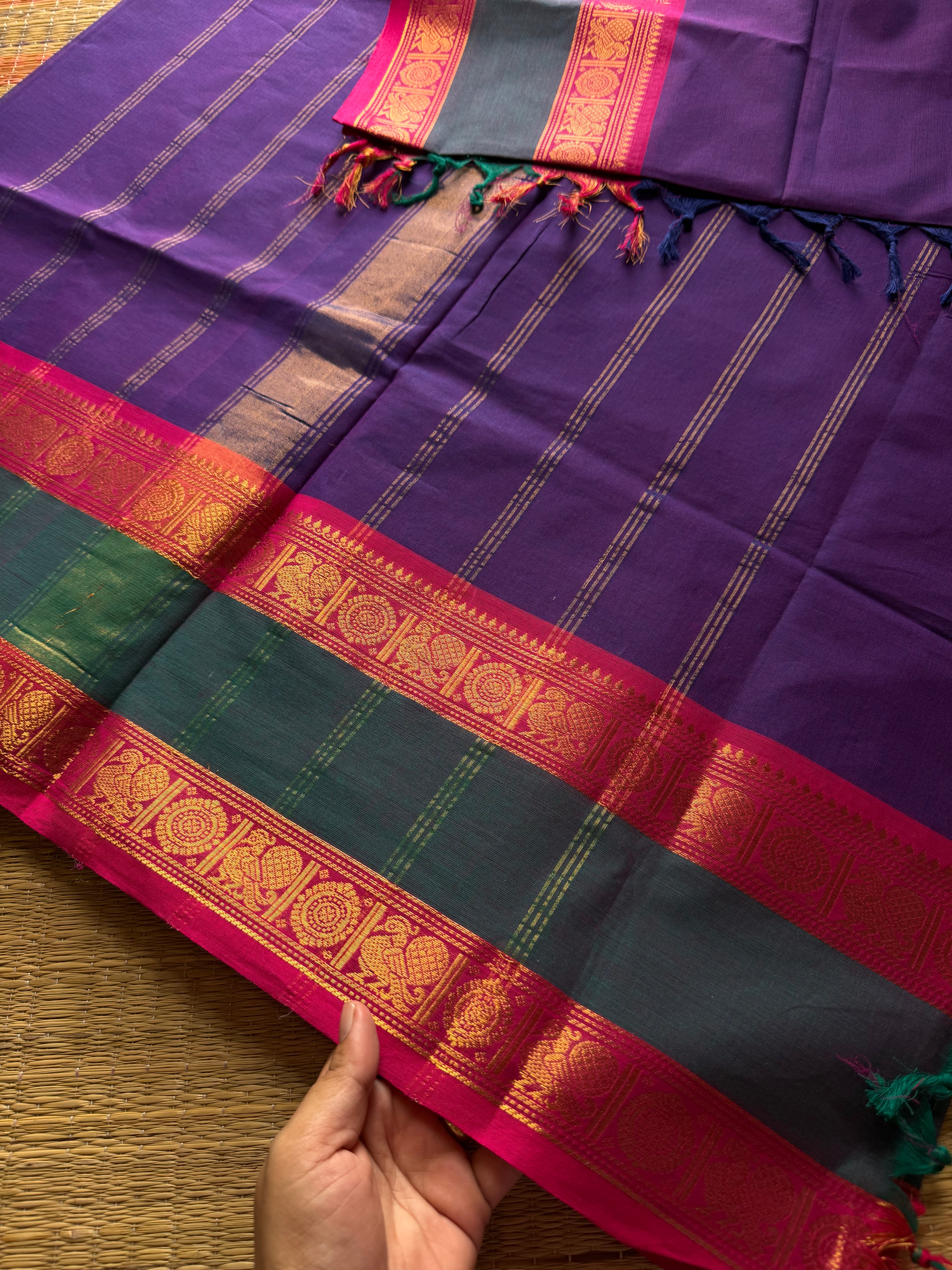 RF470 Purple shade Kanchi cotton saree with Annam pattern gap border