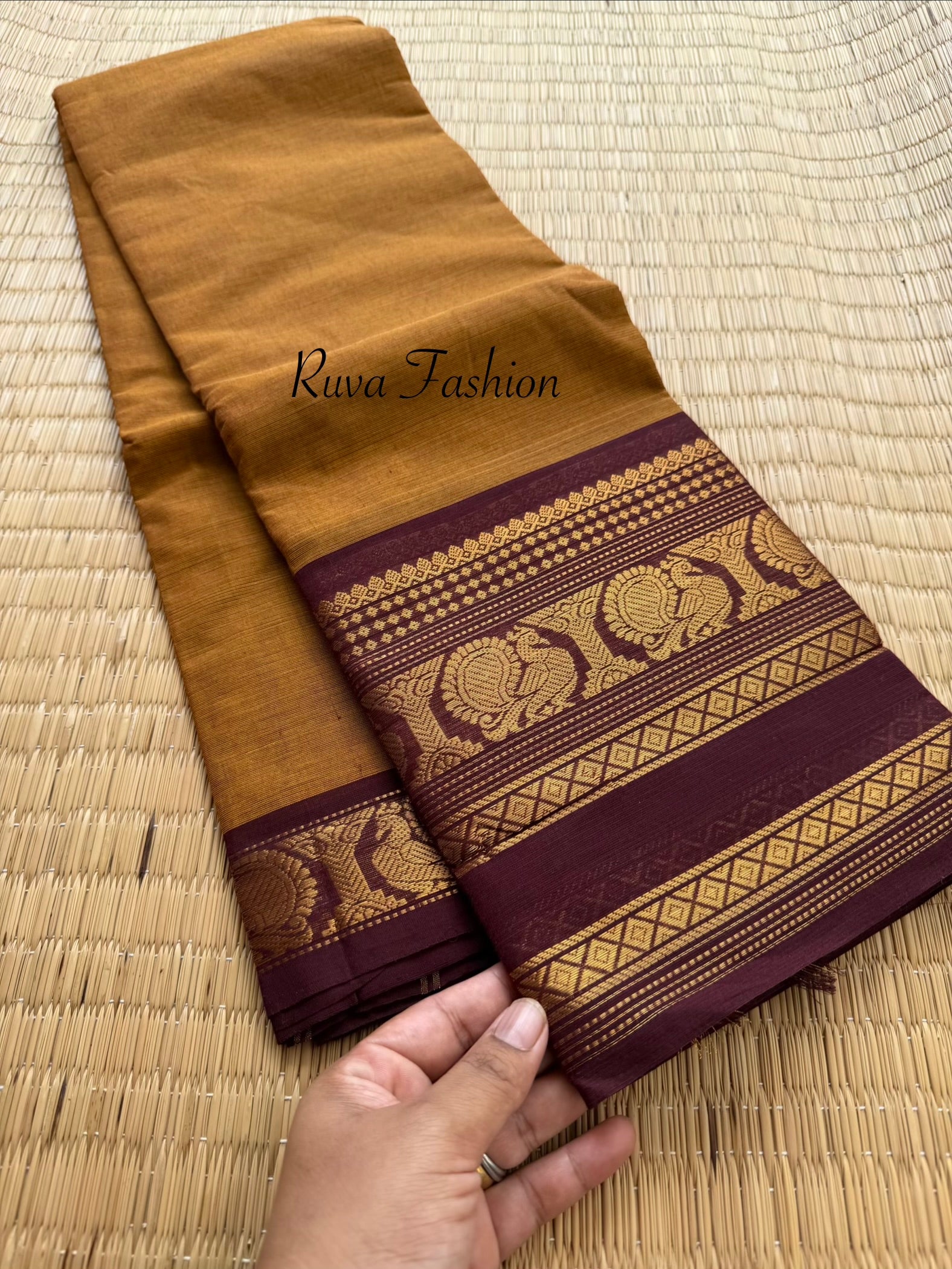 RF174 Dark Mustard shade with contrast maroon combination Kanchi cotton saree