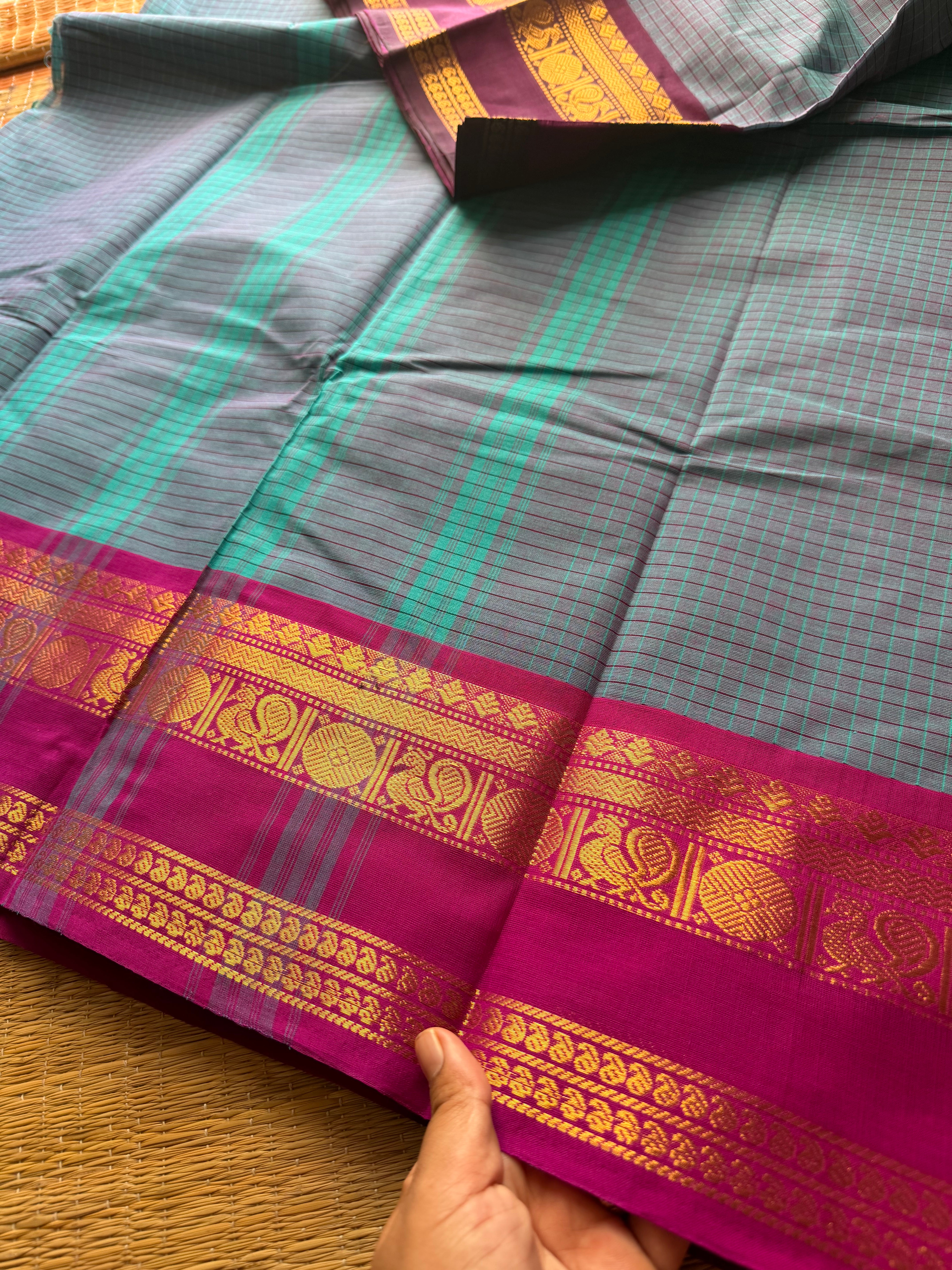 RF621 Ganga Jamuna Border Checks Pattern Kanchi Cotton Saree ~ Dual tone blue
