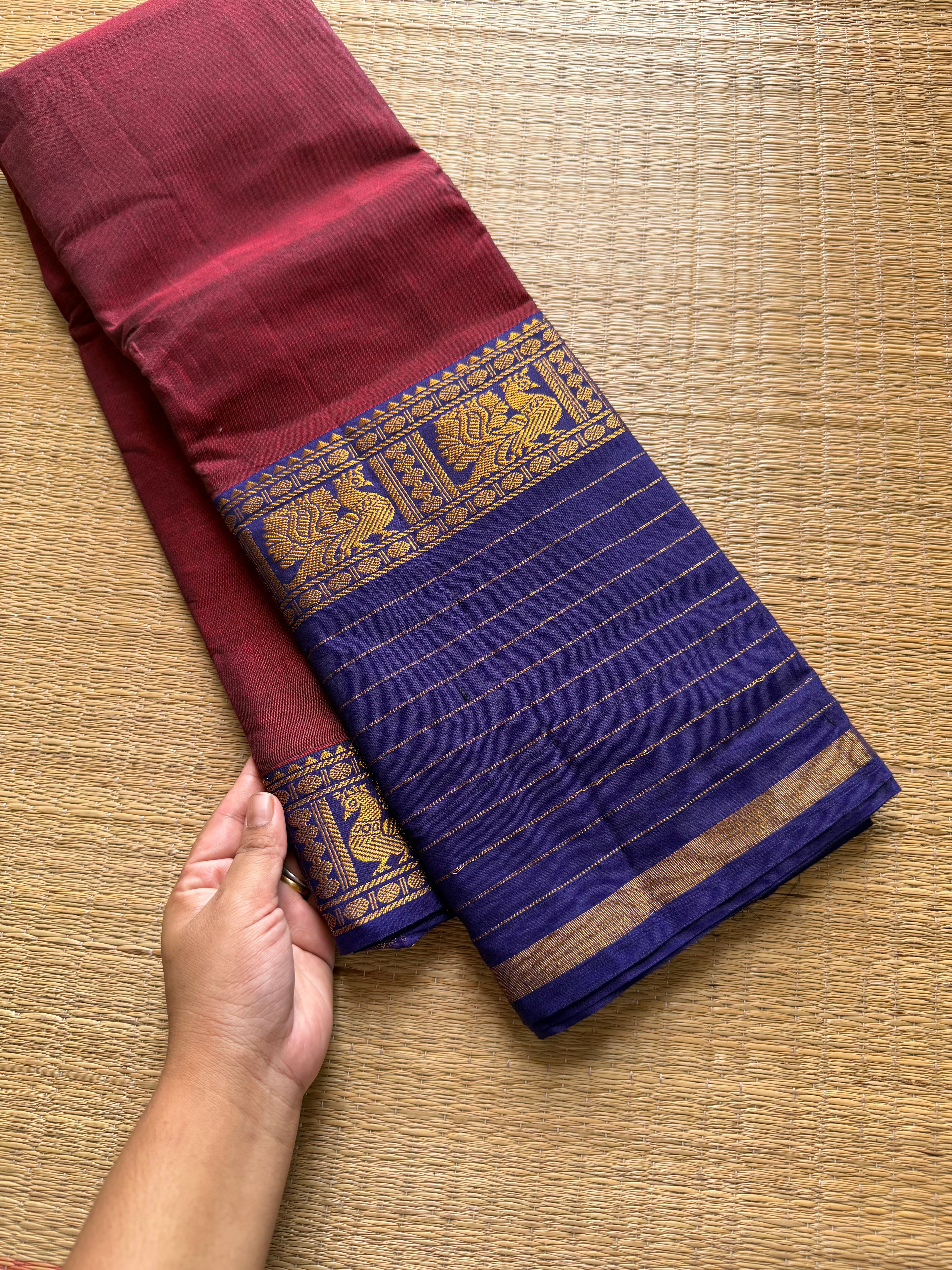 RF619 Dark reddish pink shade with blue combination Narayanpet long / big border cotton saree