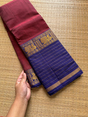 RF619 Dark reddish pink shade with blue combination Narayanpet long / big border cotton saree