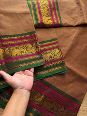 RF398 Dual tone earth Brown Shade Kanchi Cotton Saree with multi color contrast border