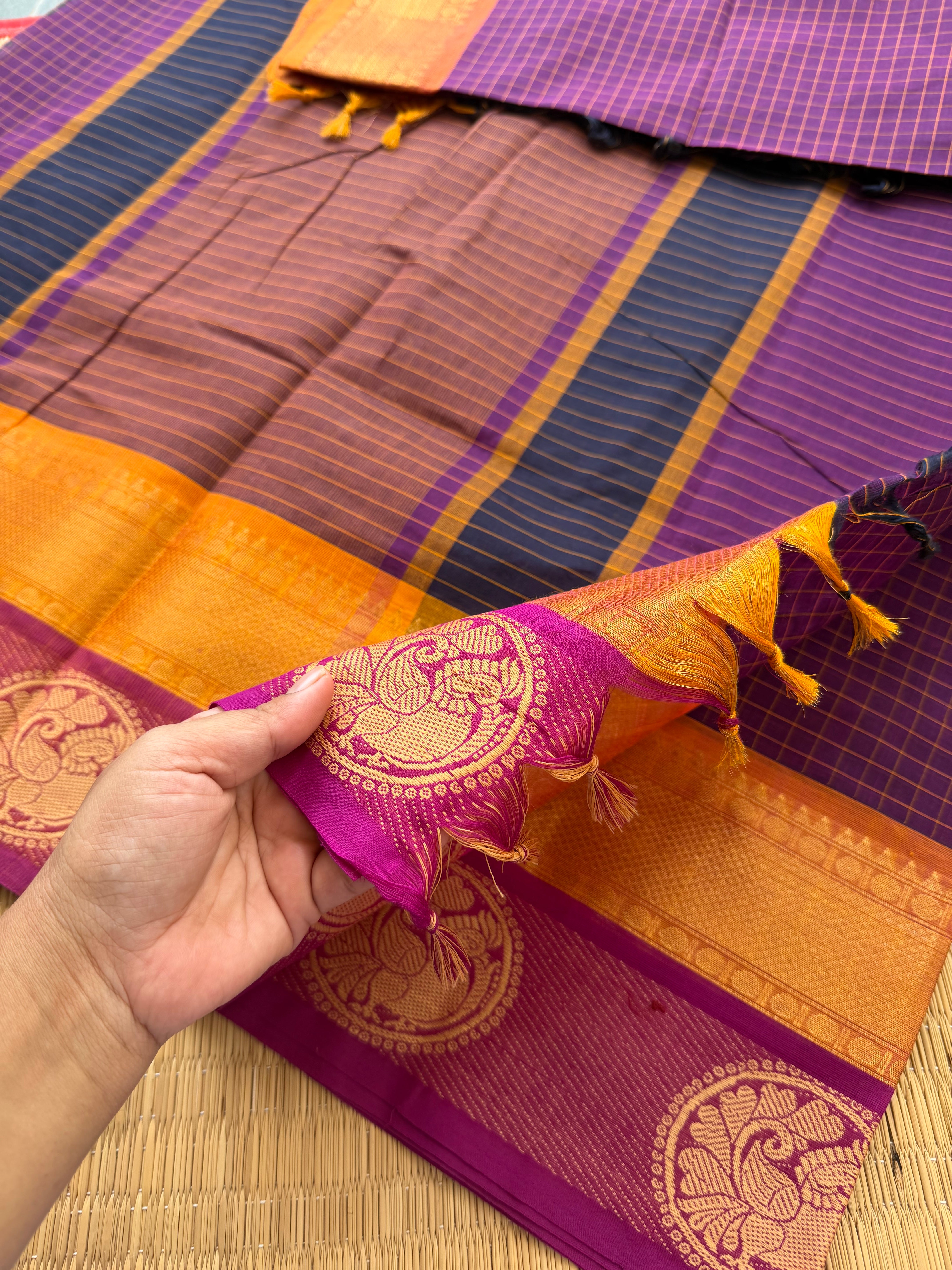 RF170 Purple shade Kattam / checks pattern Kanchi cotton saree with contrast zari & thread woven border