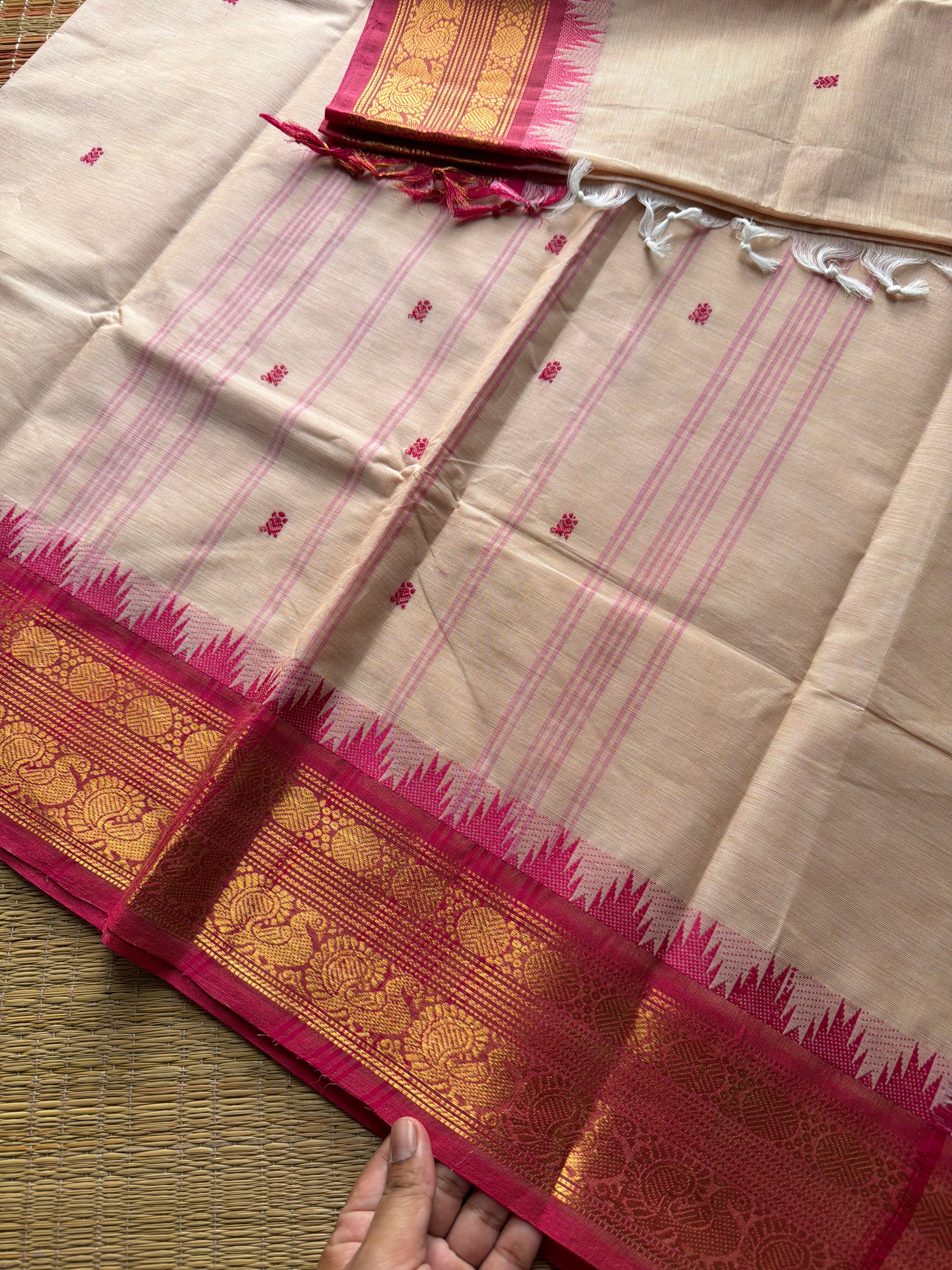 RF404 Half white with pink combination Kanchi Cotton saree with hand made thread buttas