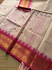 RF404 Half white with pink combination Kanchi Cotton saree with hand made thread buttas