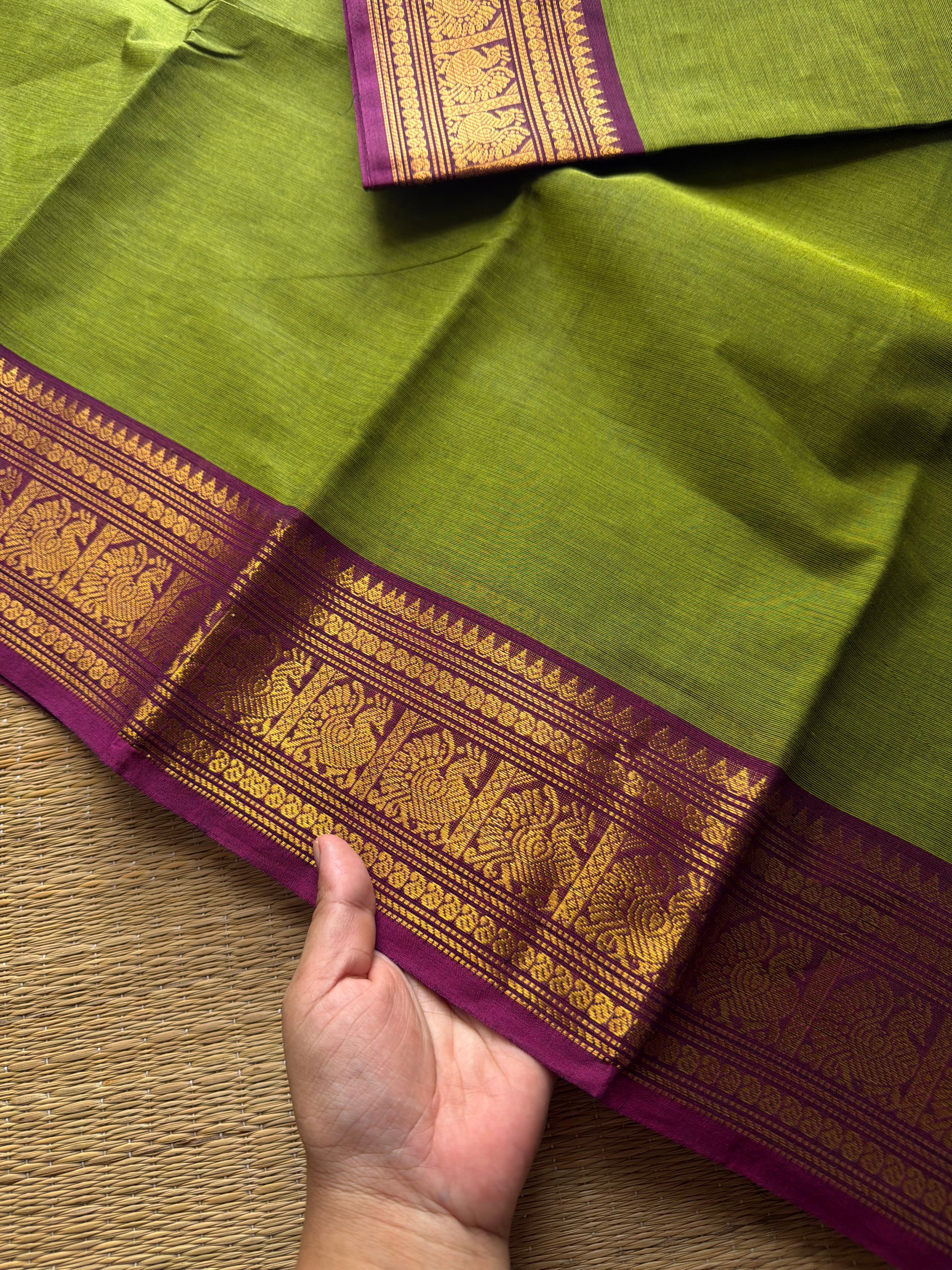 Green and magenta pink combination Kanchi cotton saree