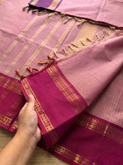 RF213 Pastel onion Pink Shade Kanchi cotton saree with golden Vaira Oosi pattern and unique dark pink and deep purple combination Ganga Jamuna Rettapet Border