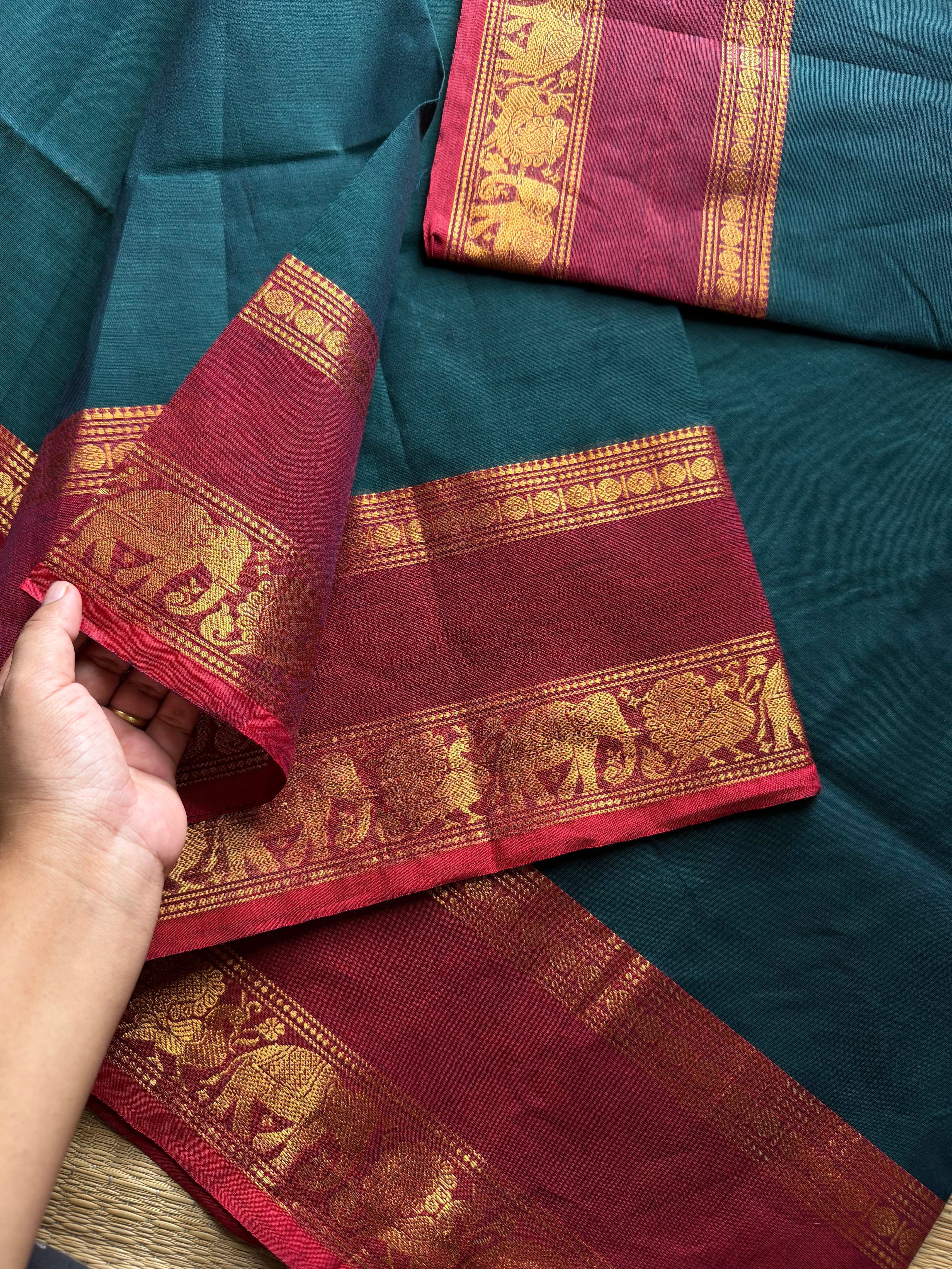 RF518 Dark Teal Green With Maroon Combination Silk Saree Inspired Kanchi Cotton Saree with Annam and elephant pattern