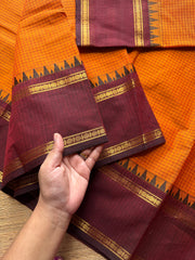 RF806 Vintage edition ~ Orange with maroon Kanchi cotton saree with podi kattam / small checks pattern