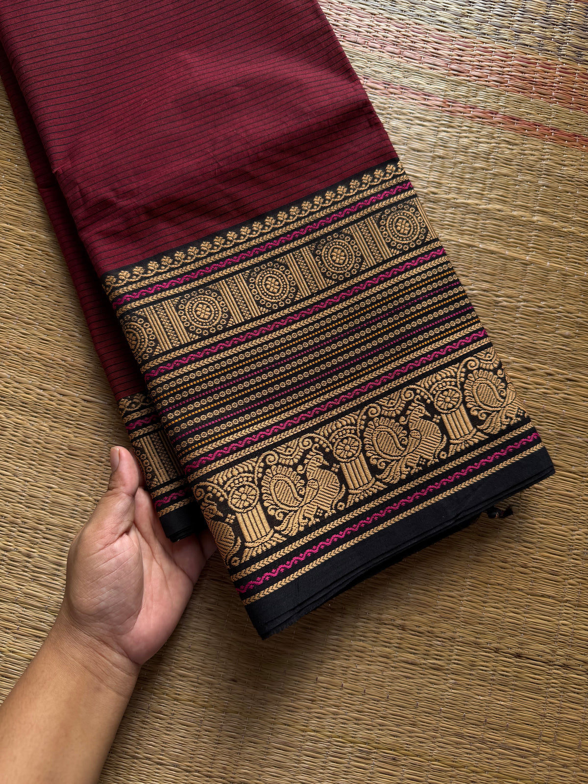 RF1420 Reddish maroon with black thread border Kanchi cotton saree