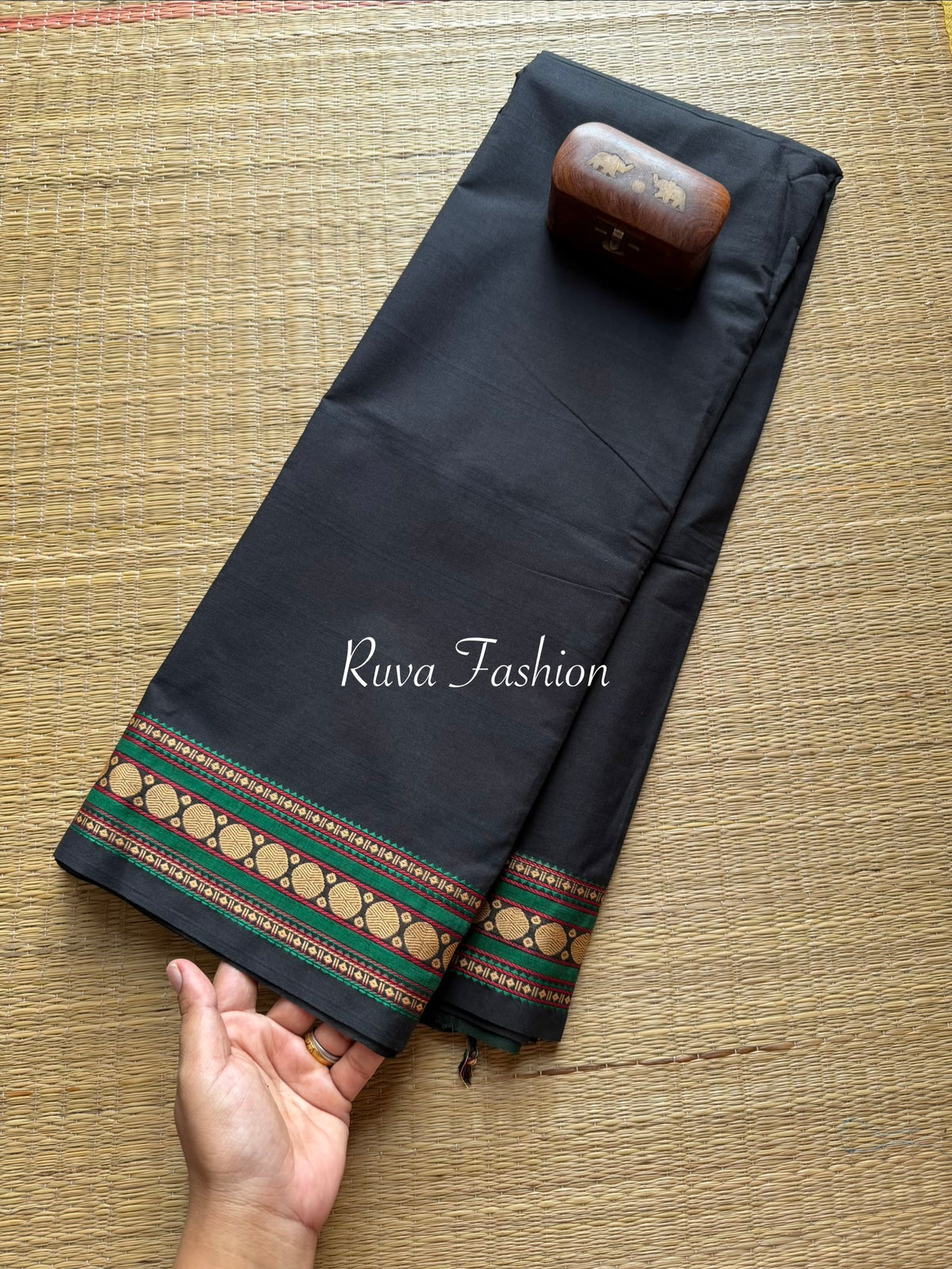 RF6 Black Soft Kanchi Cotton Saree With Small Thread Border - RF6