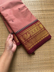 Onion pink shade Podikattam / small checks Kanchi cotton saree with handmade thread buttas