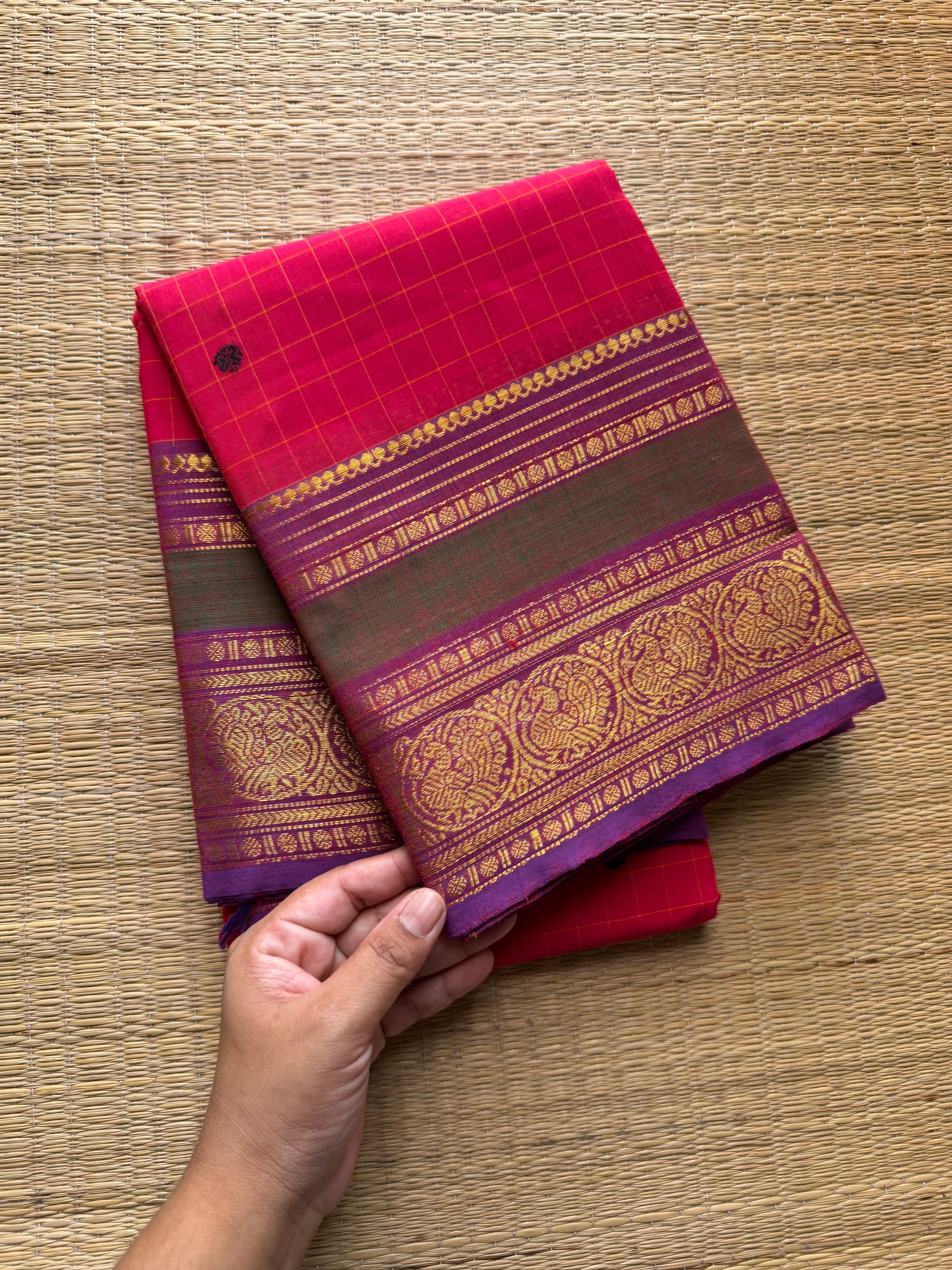RF719 Kattam edition ~ Rani pink shade Kanchi cotton saree with checks pattern and handmade thread buttas