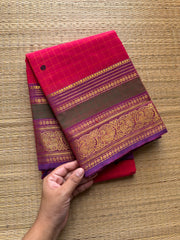 RF719 Kattam edition ~ Rani pink shade Kanchi cotton saree with checks pattern and handmade thread buttas
