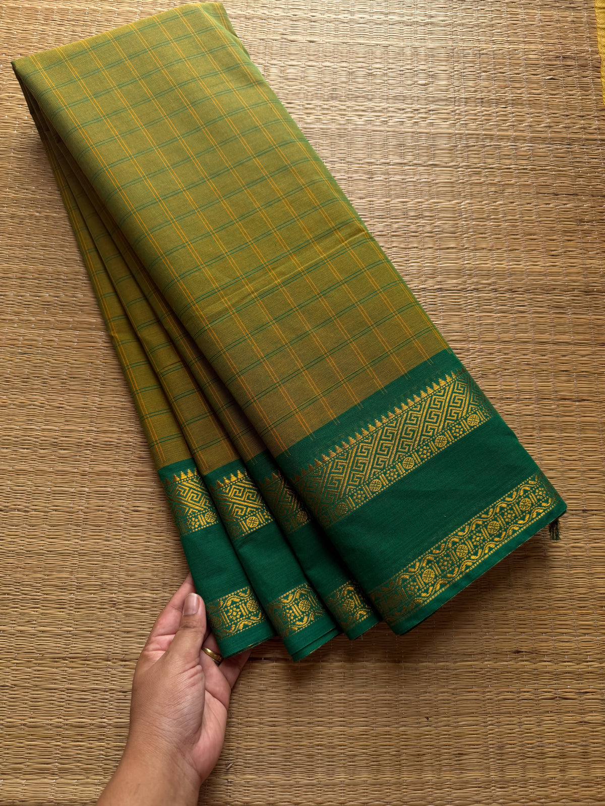 Methi Green shade checks / kattam pattern Kanchi Cotton Saree