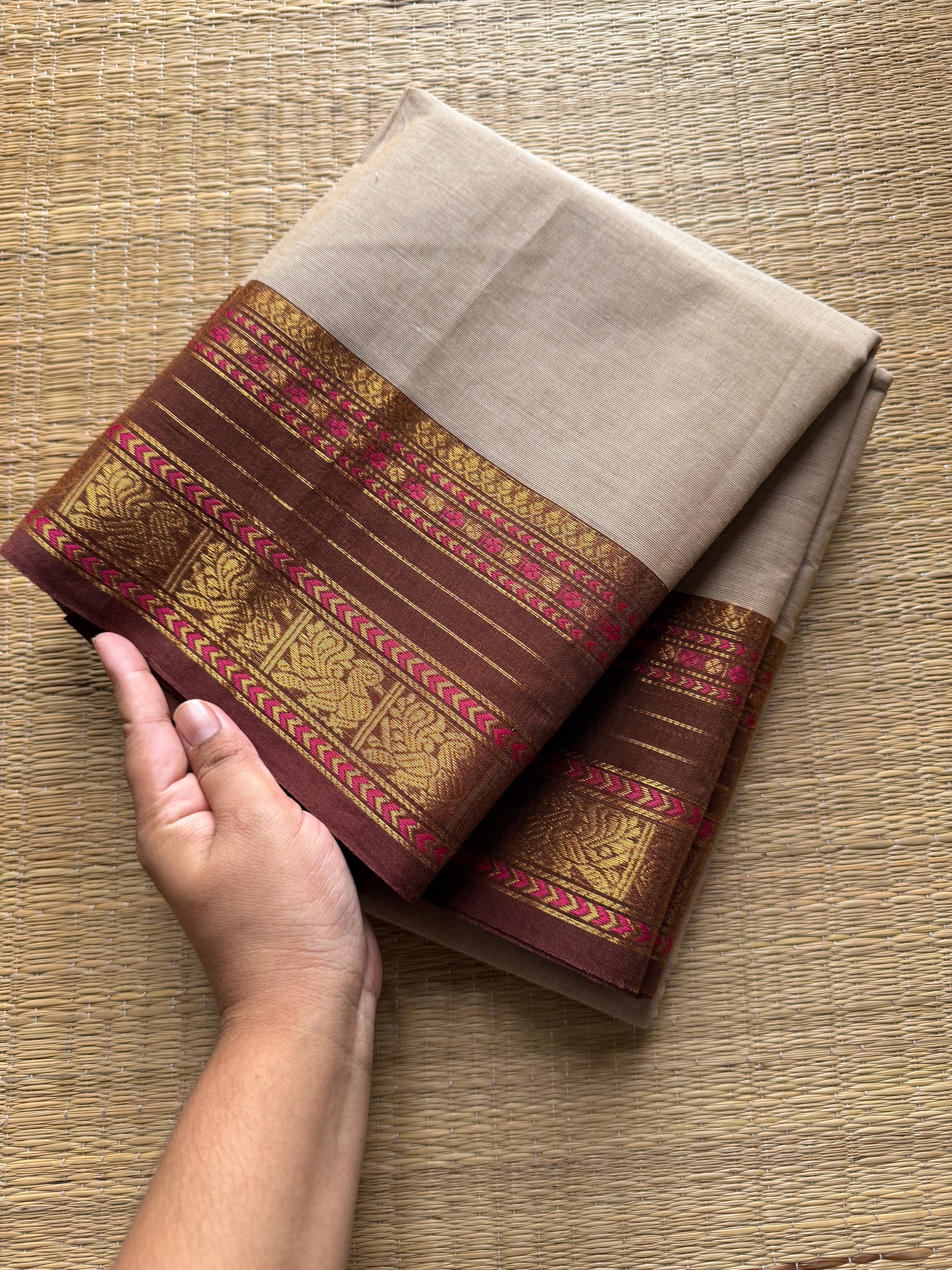 RF383 Cream with light brown combination Kanchi cotton saree with unique border