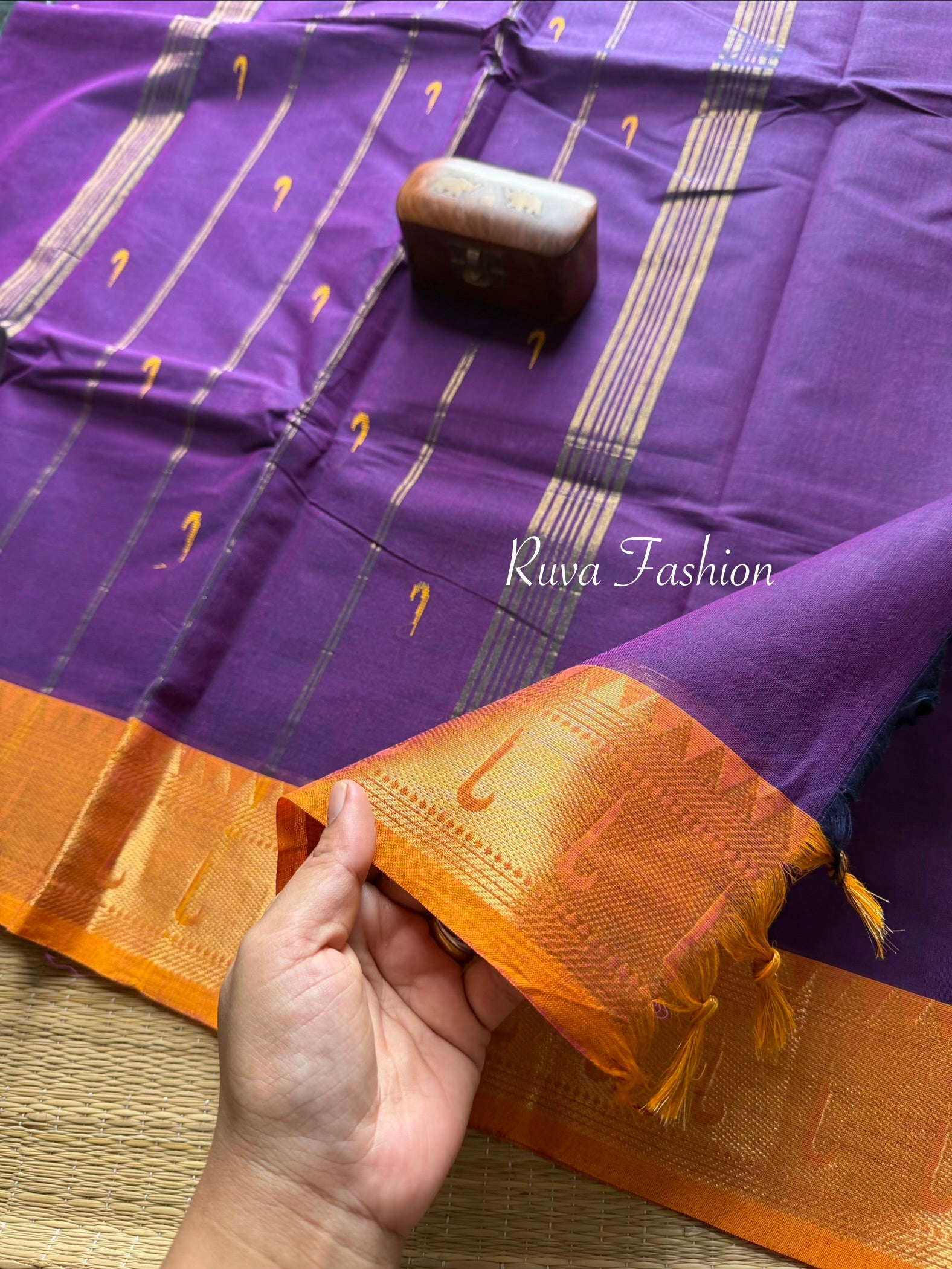 RF48 Purple with orange shade paithani border Kanchi cotton saree with handmade thread buttas