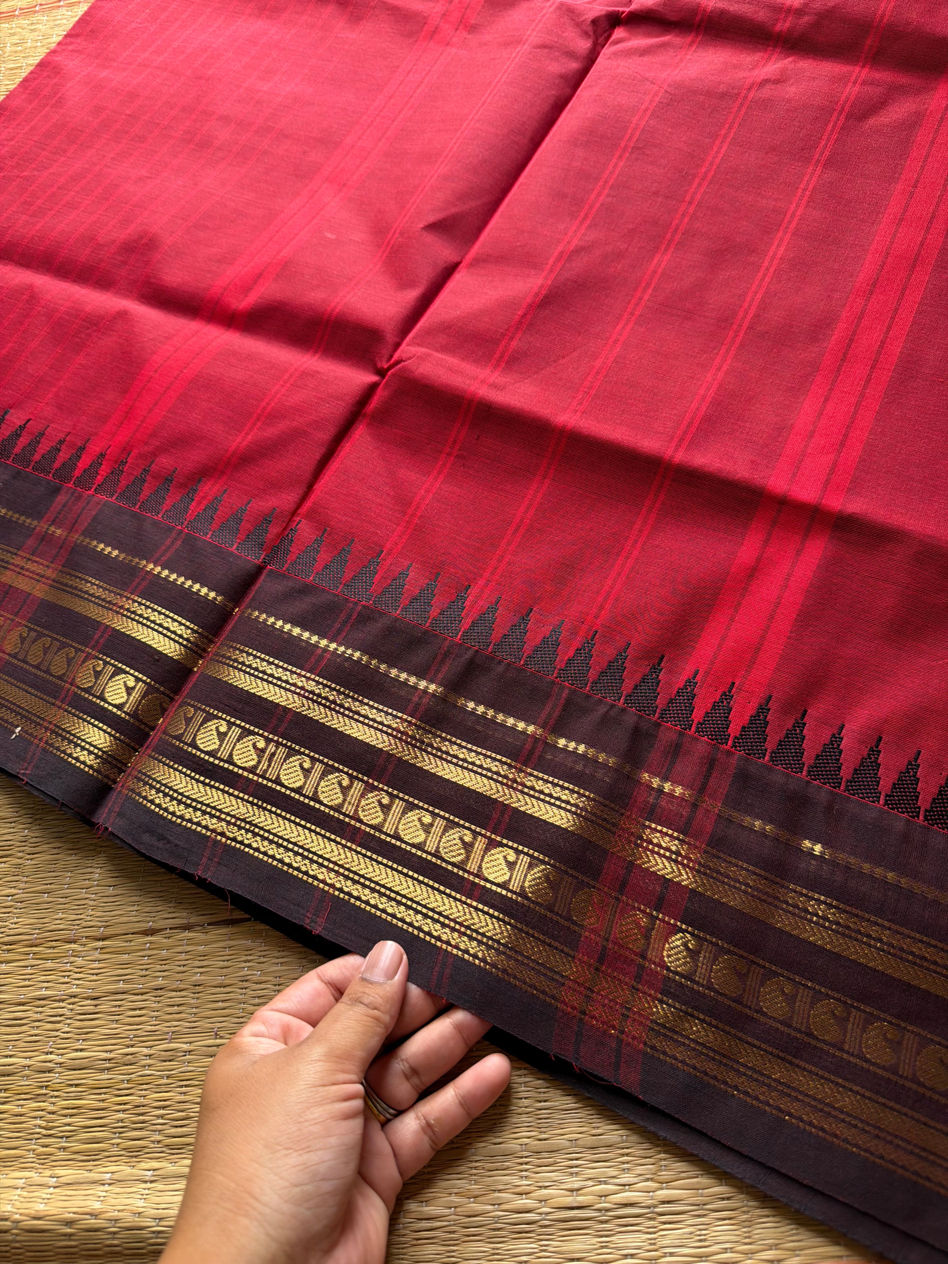 RF898 Kanchi cotton saree with vertical striped lines pattern ~ Reddish maroon with brown