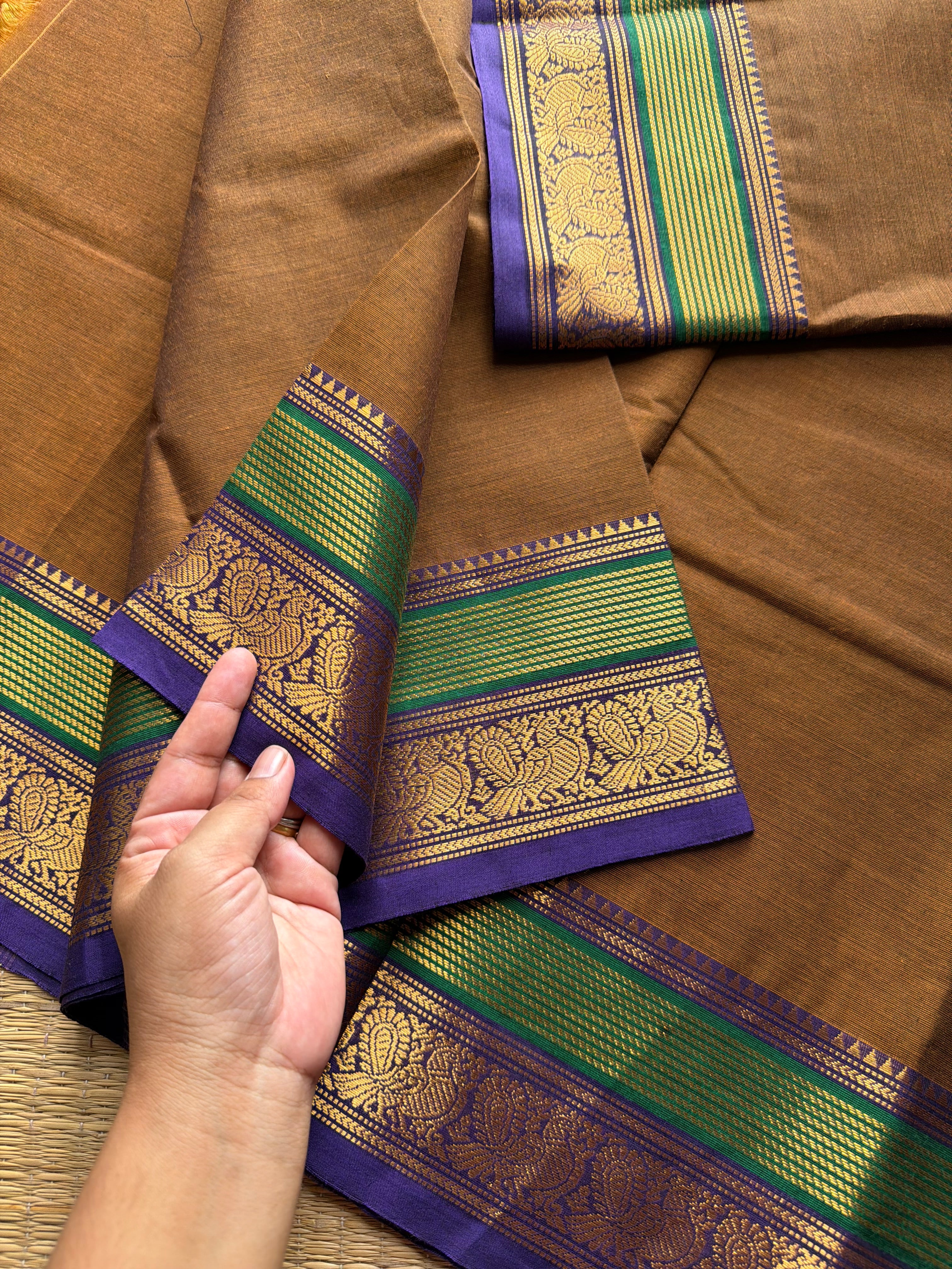 RF695 Silk Saree Inspired Kanchi Cotton saree ~ Earthy brown shade