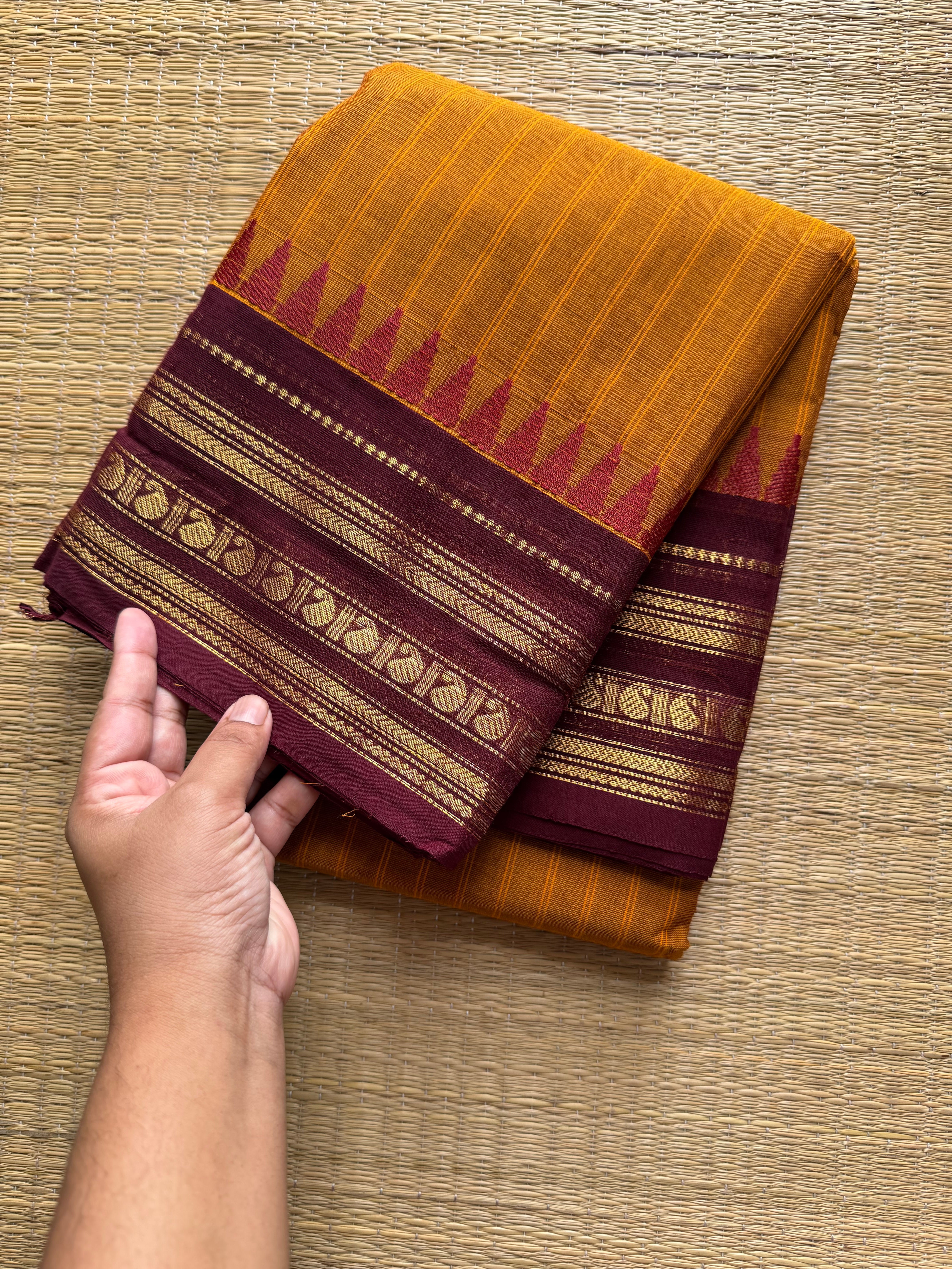RF298 Dual tone orange with maroon combination Kanchi cotton saree with vertical striped pattern & mango Zari border