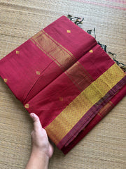 RF238 Reddish Maroon Monotone Maheswari Semi Silk Cotton Saree with rich gold Zari border