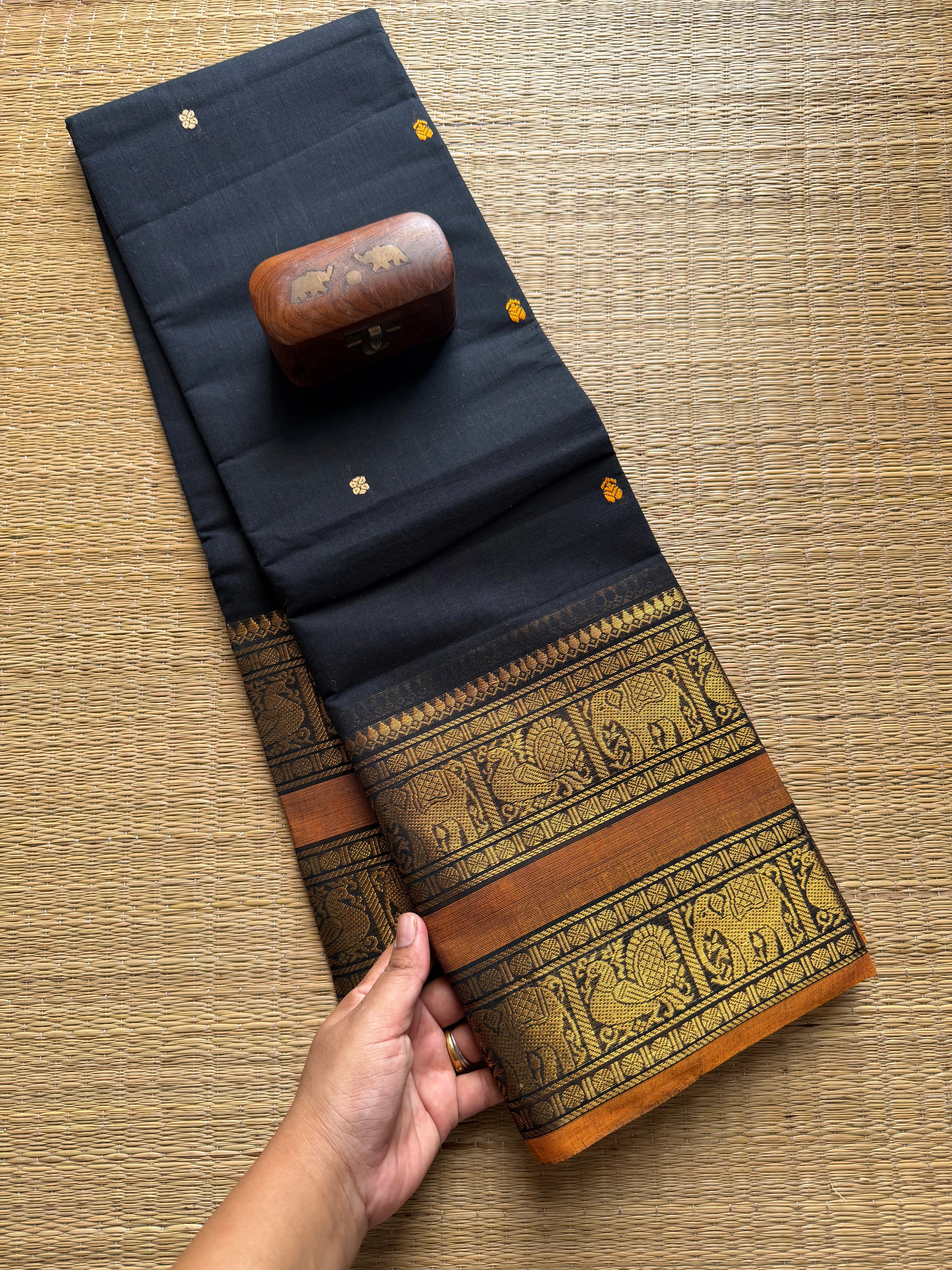 Black Retta Patta Kanchi Cotton Saree With Handmade Thread Buttas