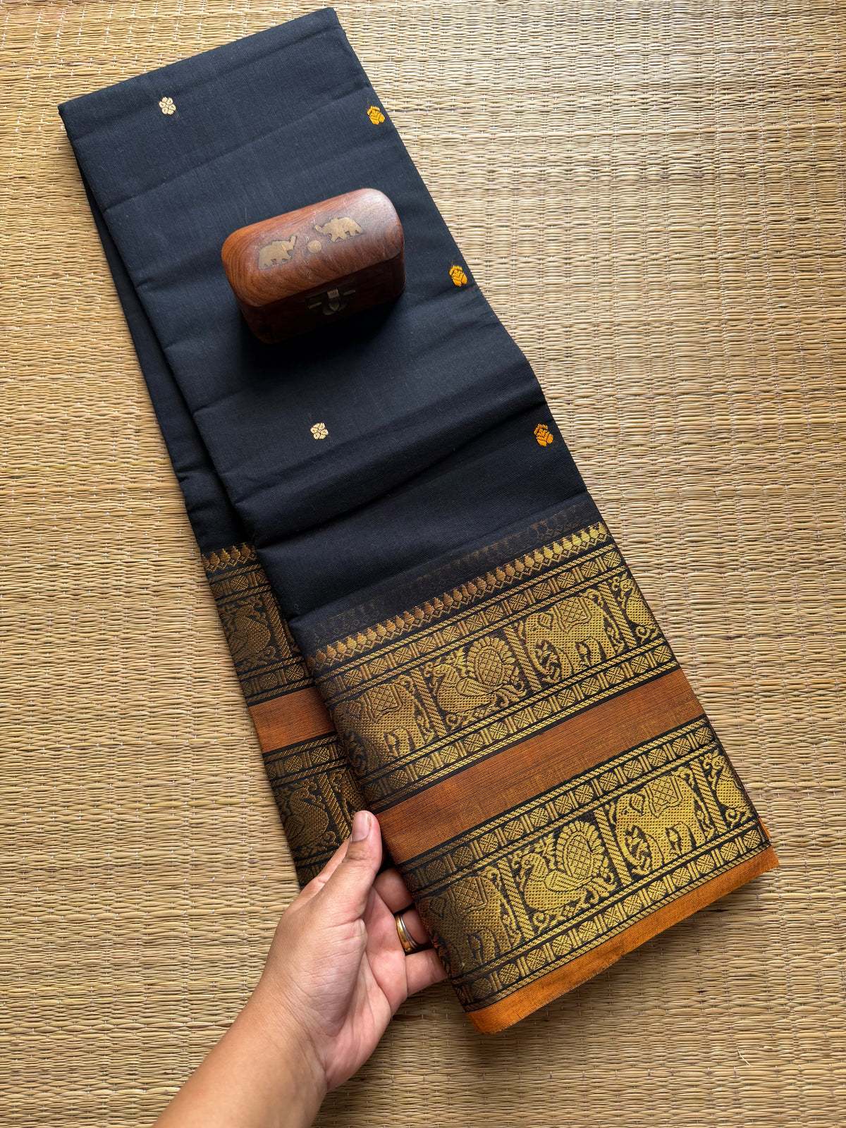 Black Retta Patta Kanchi Cotton Saree With Handmade Thread Buttas