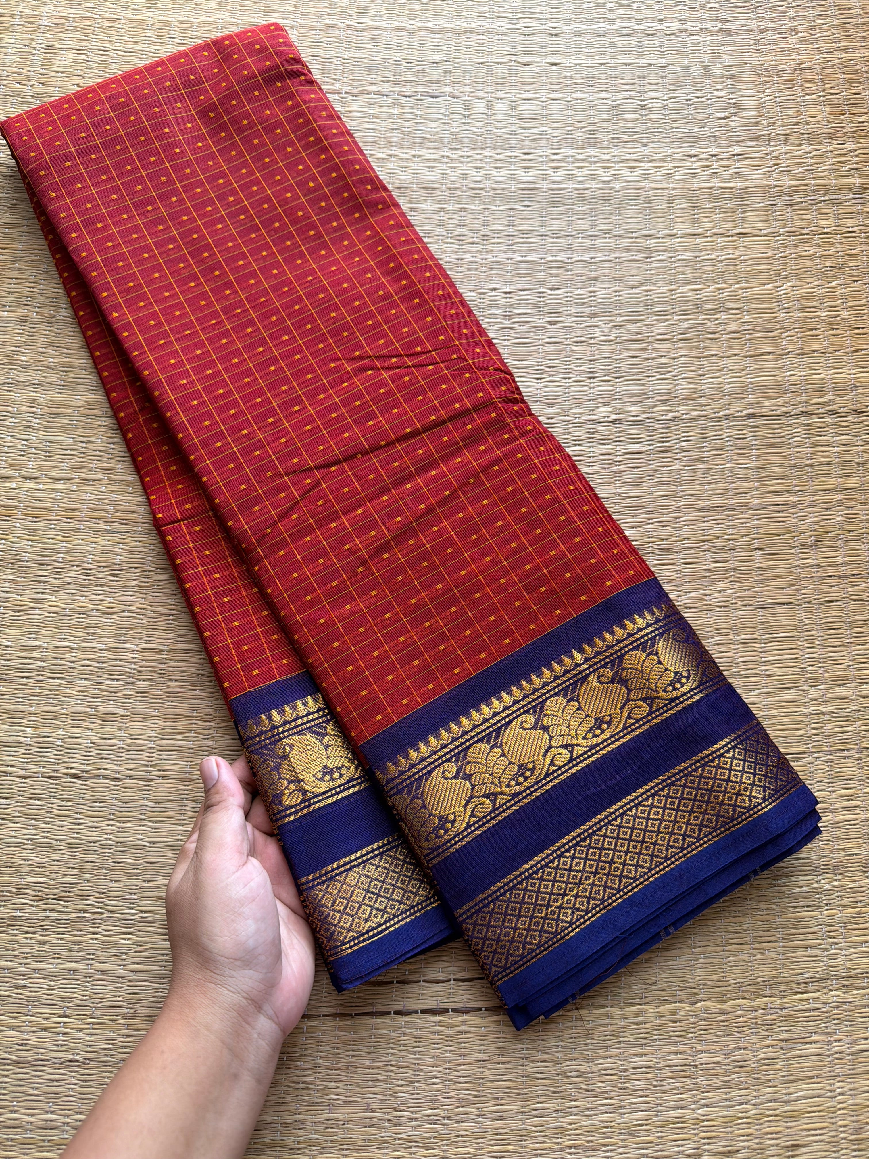 RF423 Rusty Red with deep royal blue combination Lakshadeepam / 1000 Buttas checks / Kattam pattern Kanchi cotton saree