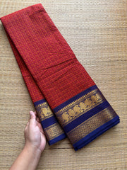 RF423 Rusty Red with deep royal blue combination Lakshadeepam / 1000 Buttas checks / Kattam pattern Kanchi cotton saree